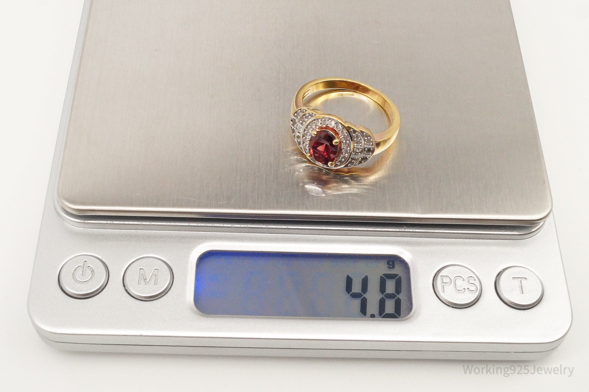 Vtg Designer Garnet CZ Gold Vermeil Sterl Sil Ring - Sz9.25