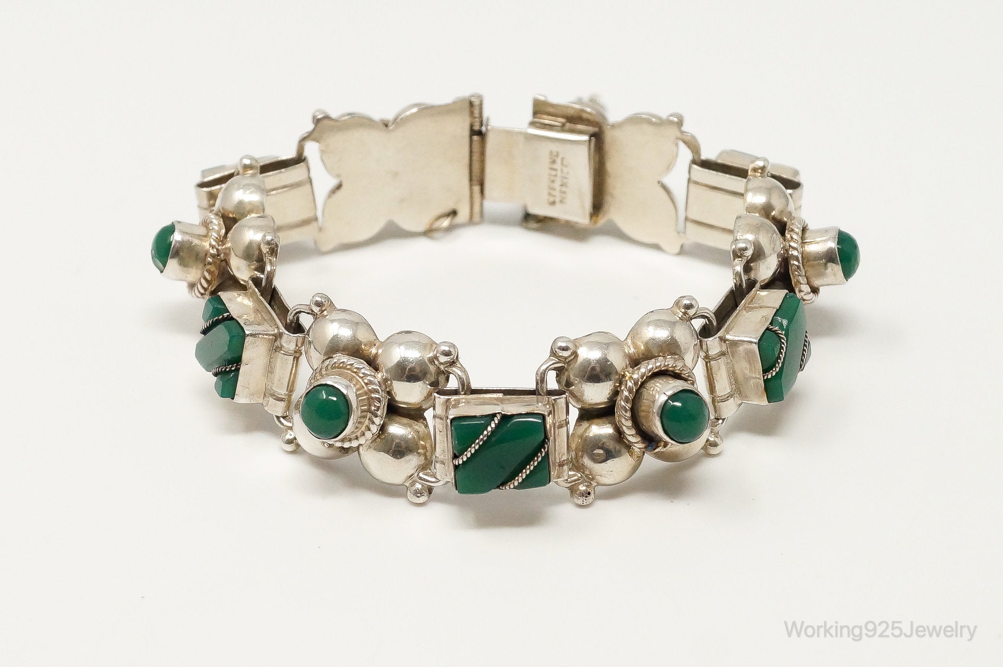 Vintage Mexico Handmade Green Onyx Sterling Silver Panel Bracelet