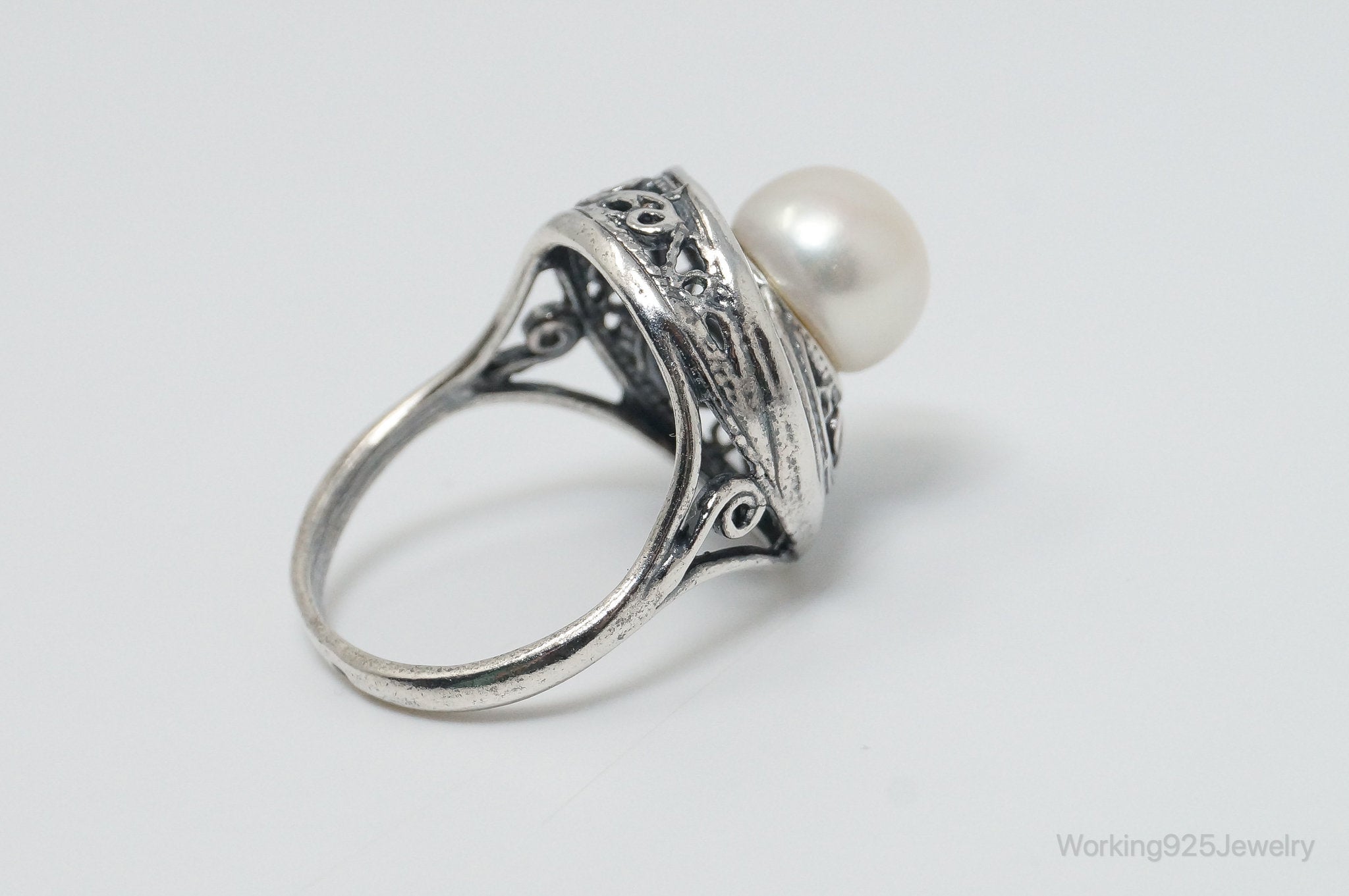 Vintage Pearl Scroll Sterling Silver Ring - Size 8