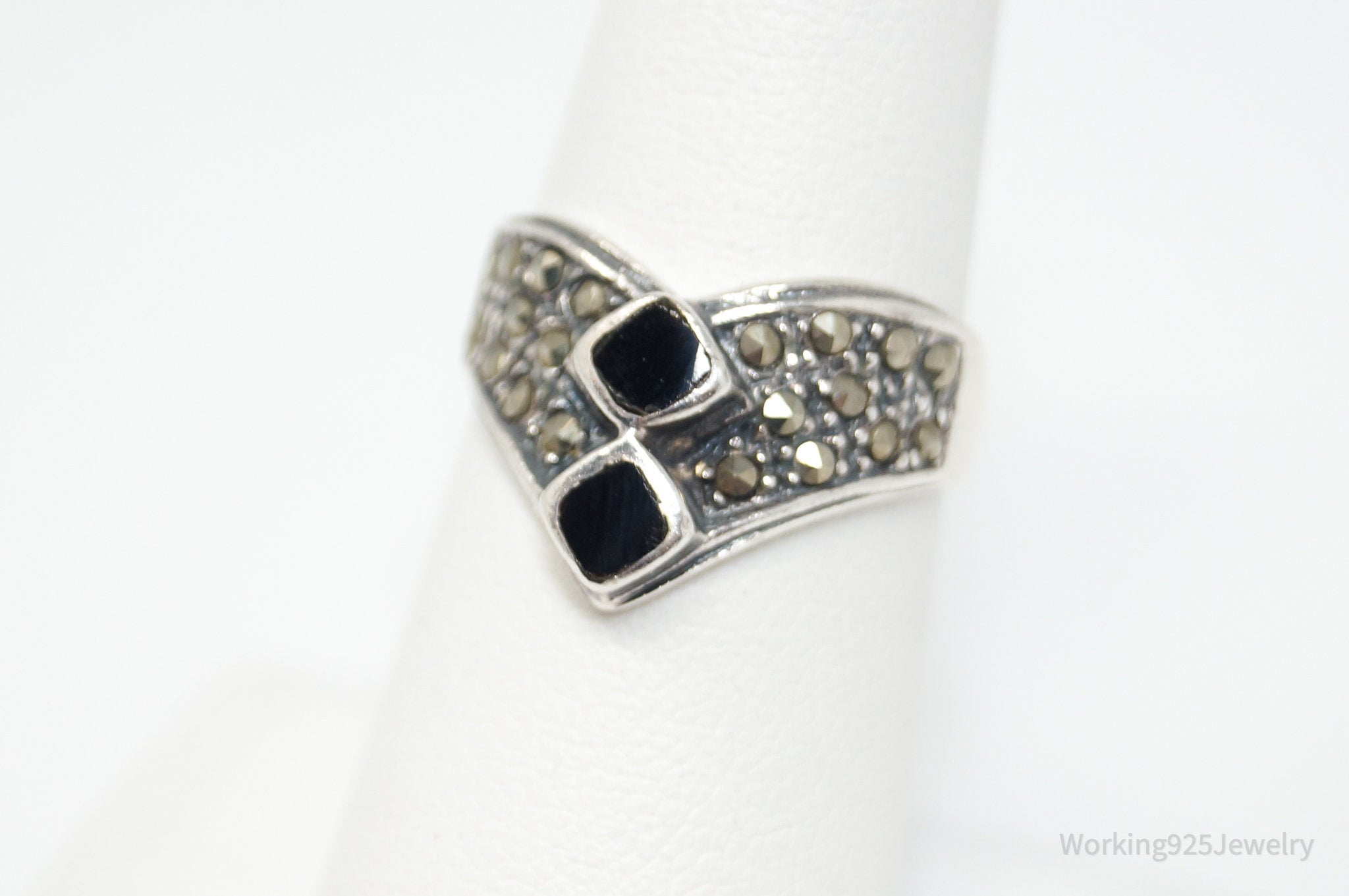 Vtg Art Deco Style Marcasite Black Onyx Ring Sterling Silver - Sz 6.75