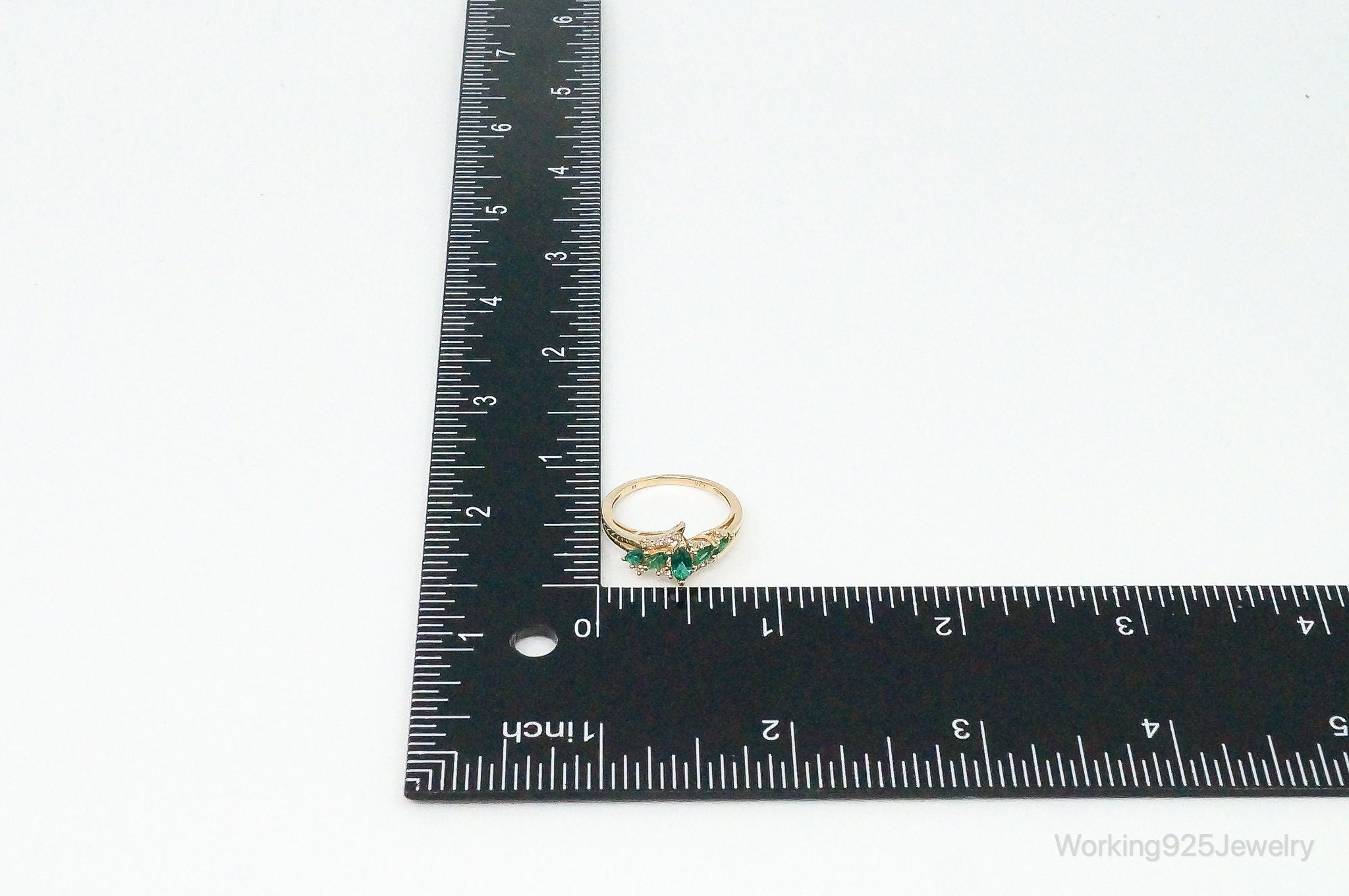 Vintage Lab Emerald Cubic Zirconia Gold Vermeil Sterling Silver Ring Size 7