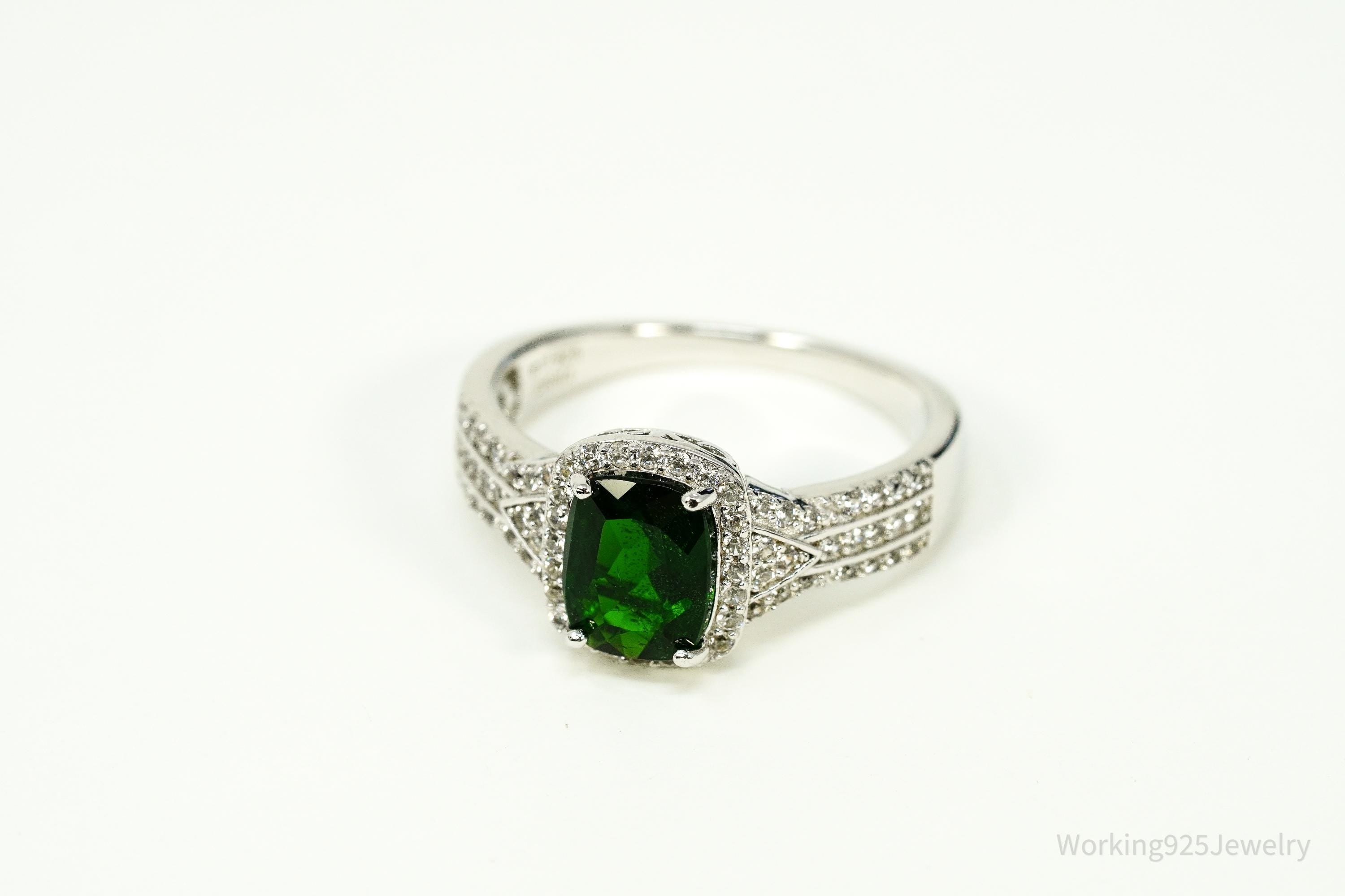 Vintage Emerald & White Topaz Sterling Silver Ring - Size 9.75
