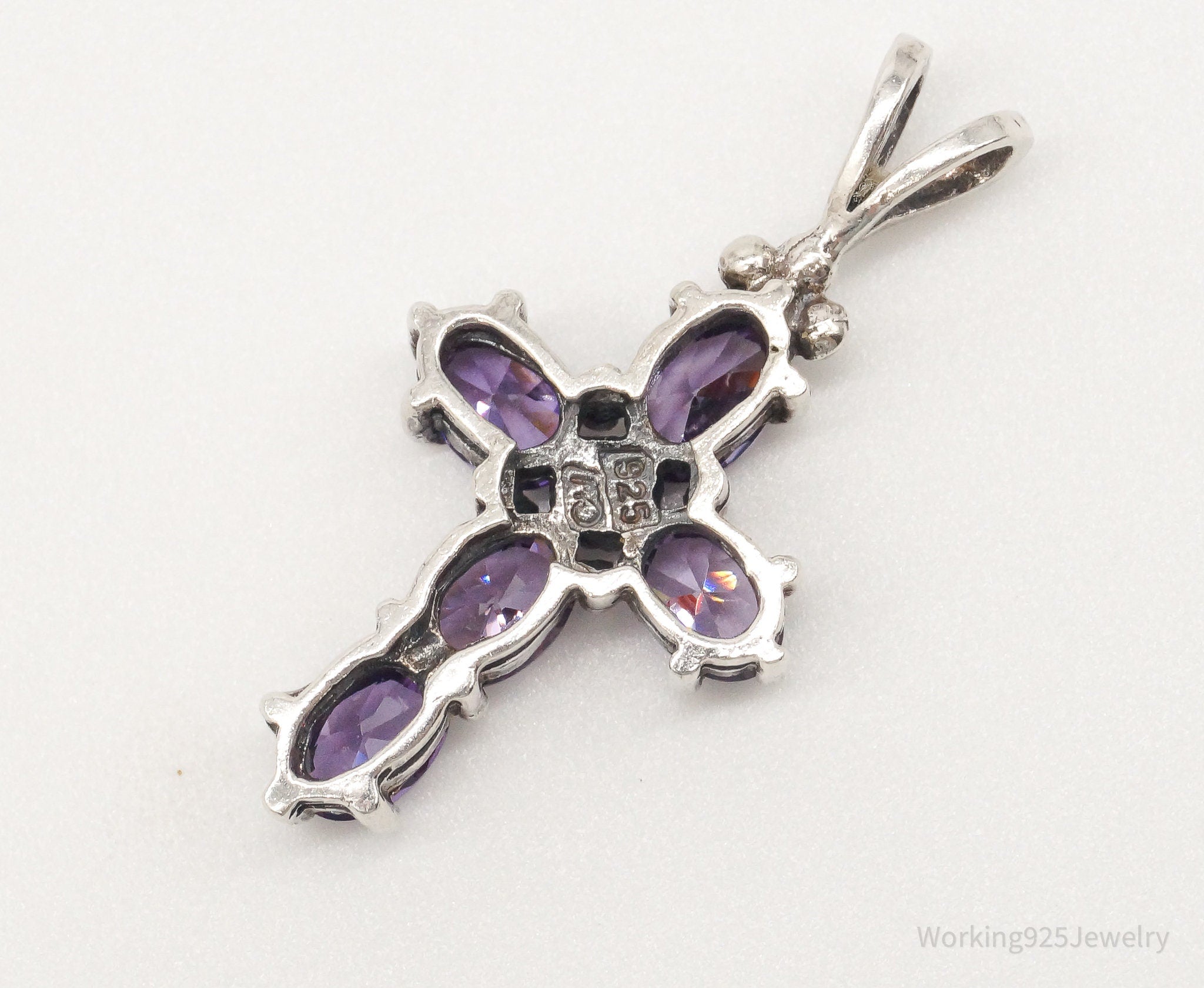 Vintage Purple Cubic Zirconia Marcasite Cross Sterling Silver Pendant