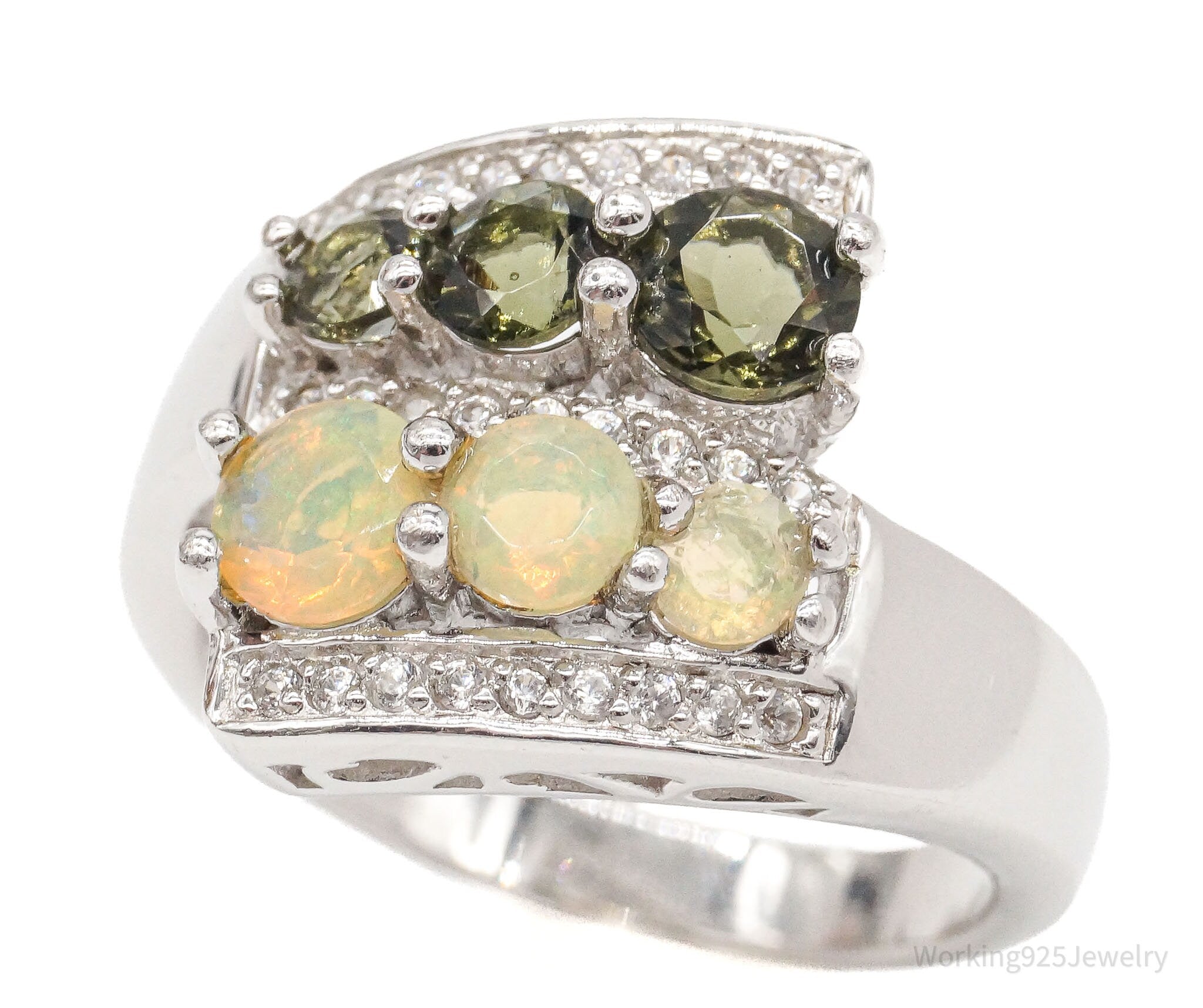 Demantoid Garnet Ethiopian Opal White Zircon Rhodium Sterling Silver Ring SZ 9