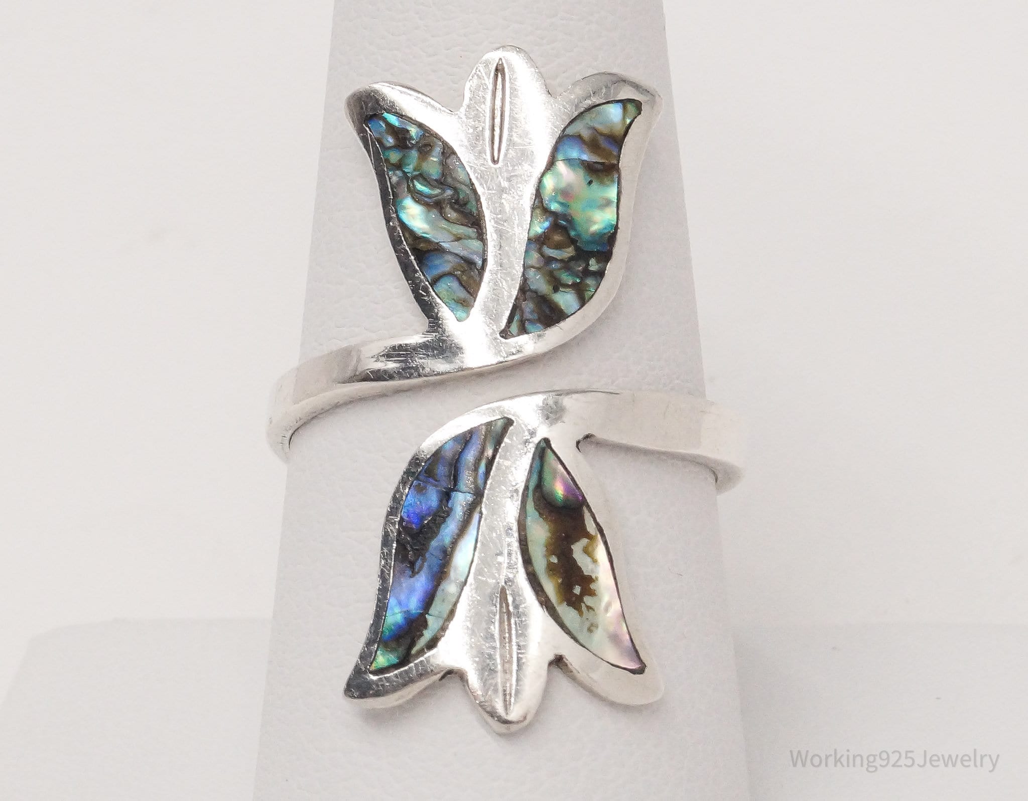 Vintage Mexico Paua Abalone Shell Inlay Tulips Sterling Silver Ring - Size 8.75