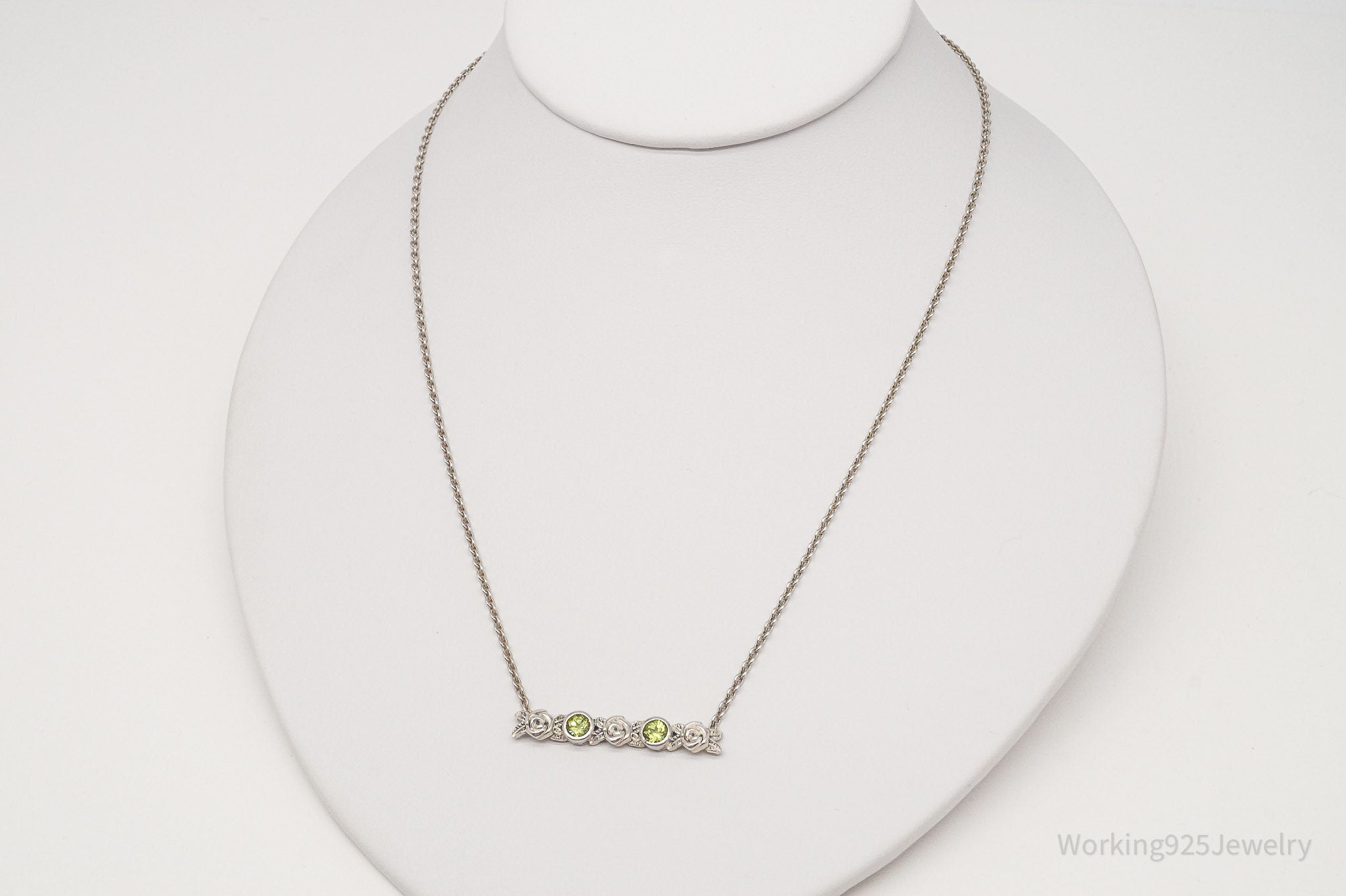 Vintage Israel Designer Paz PZ Peridot Rose Bar Sterling Silver Necklace 16"