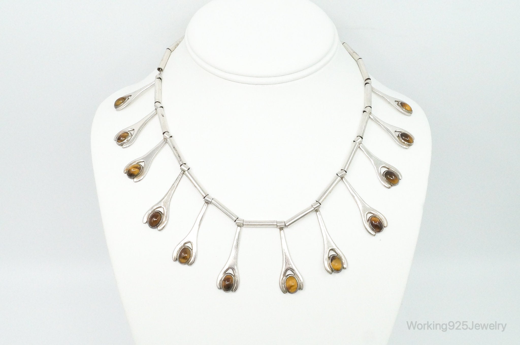 Vintage Taxco Mexico Designer VSA Tigers Eye Modernist Sterling Silver Necklace