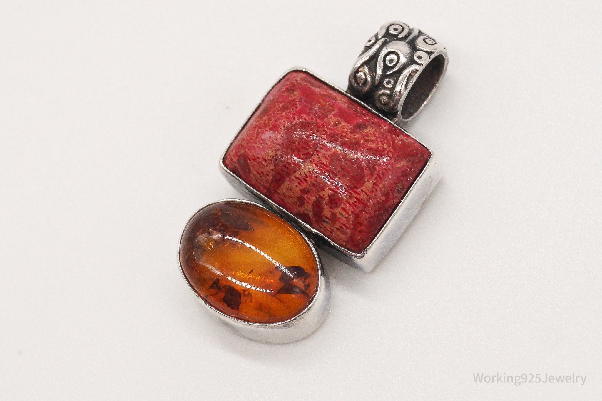 Vintage Red Coral Amber Sterling Silver Pendant