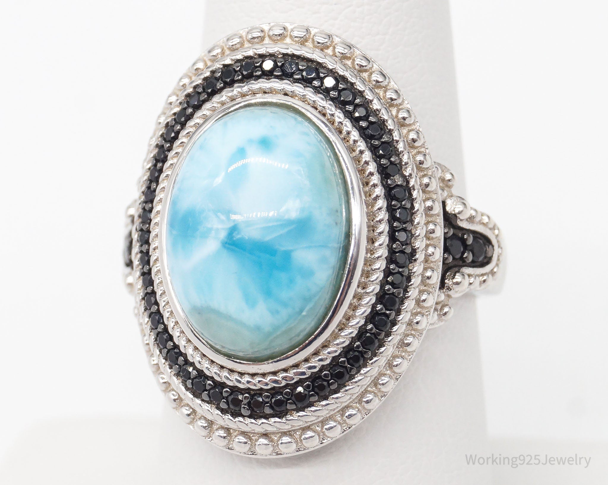 Vintage Blue Larimar Black Spinel Sterling Silver Ring - Size 7.75