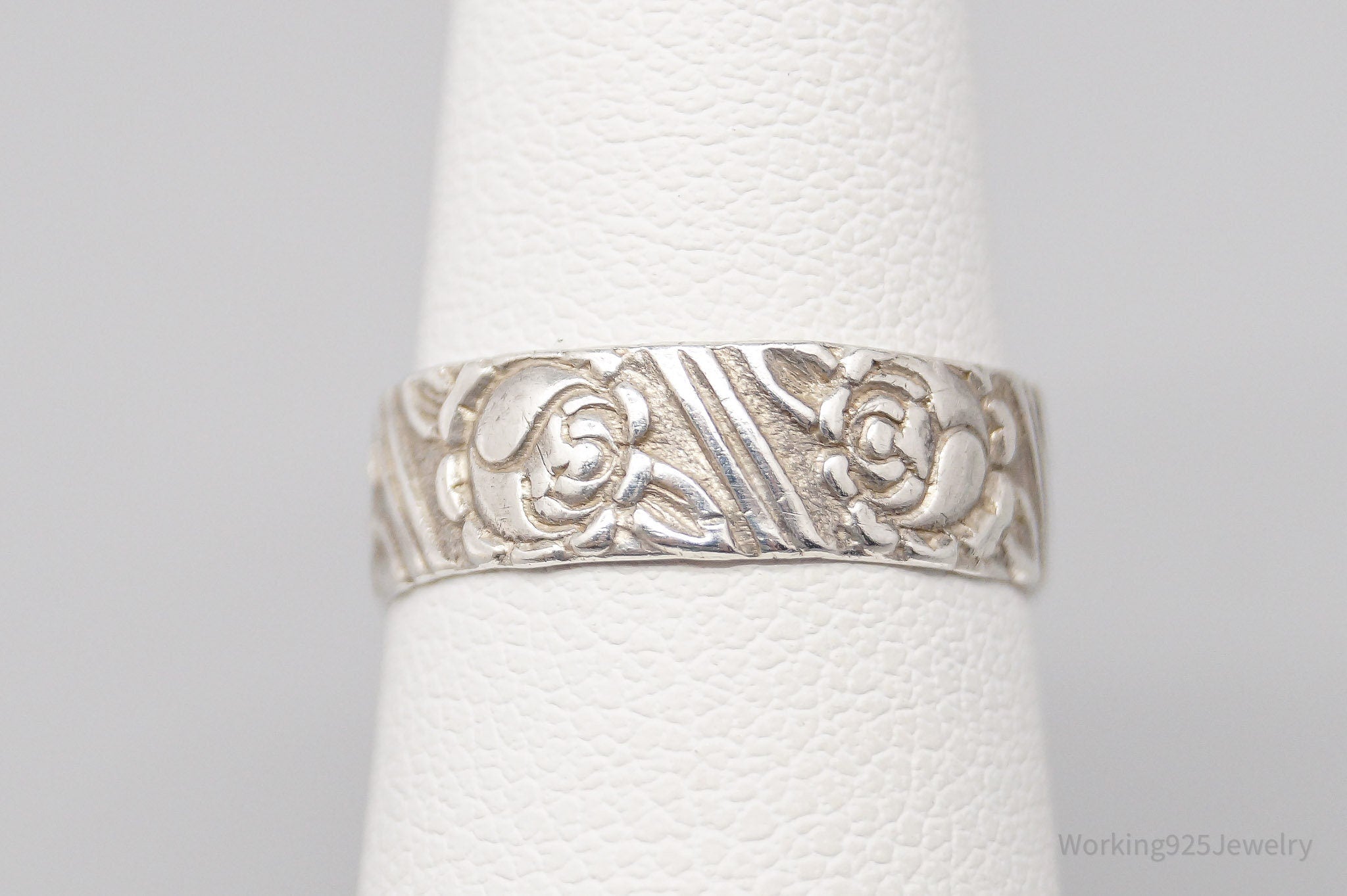 Antique Flowers Pattern Sterling Silver Band Ring - Size 5