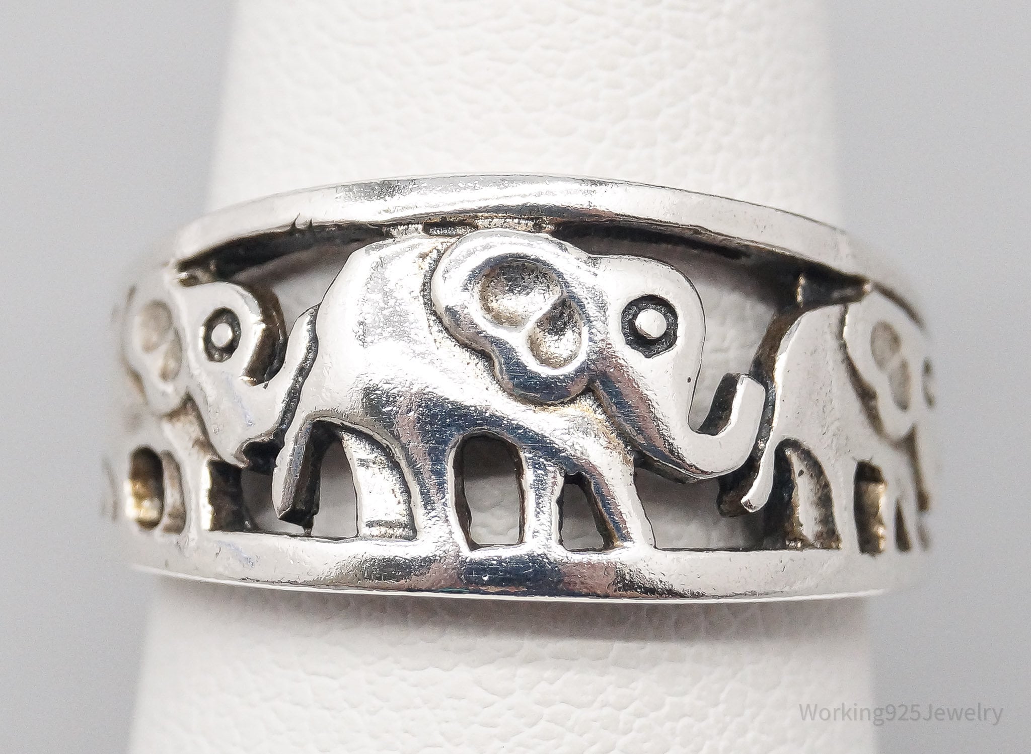 Vintage Elephant Family Good Fortune Sterling Silver Band Ring - Size 6.75