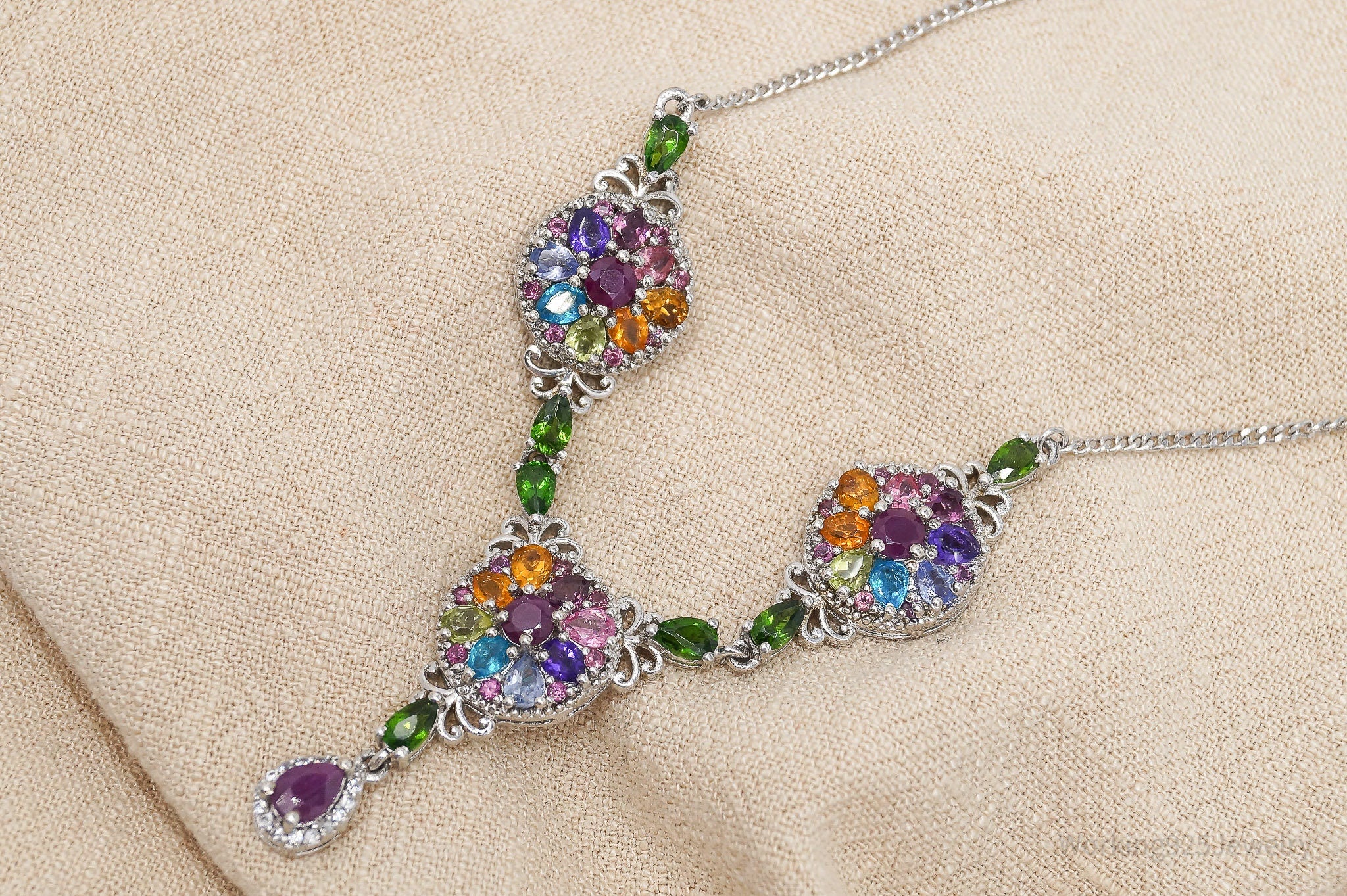 Multi Gemstone Sterling Silver Statement Necklace 18"