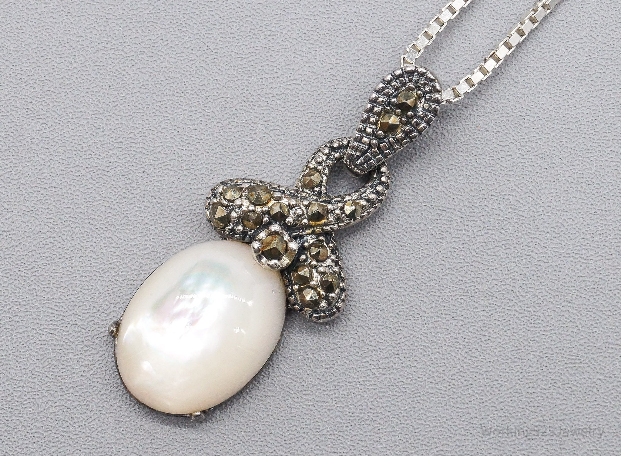 Vintage Ross Simons Mother Of Pearl & Marcasite Sterling Silver Necklace 24"