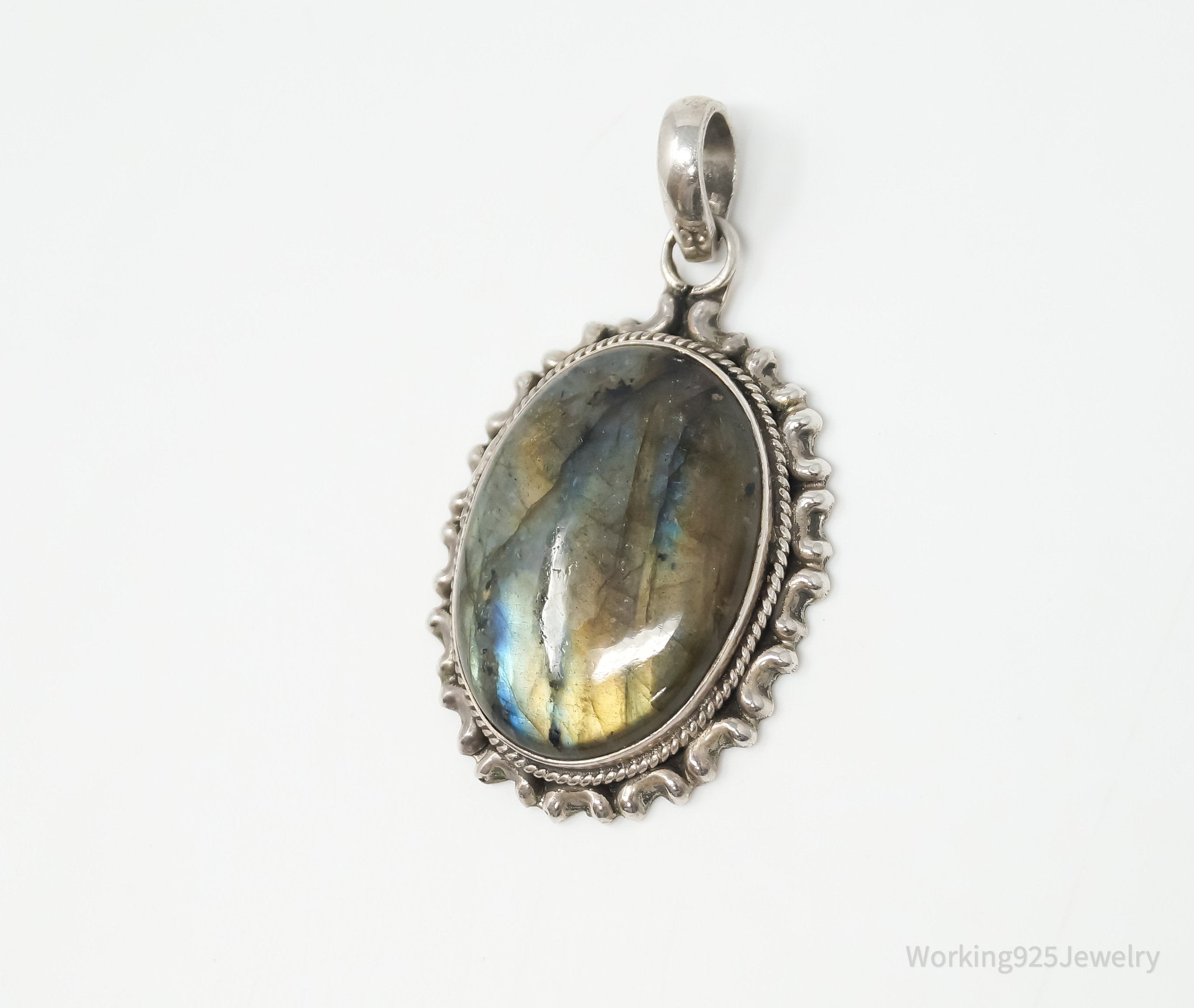 Vintage Large Labradorite Sterling Silver Necklace Pendant