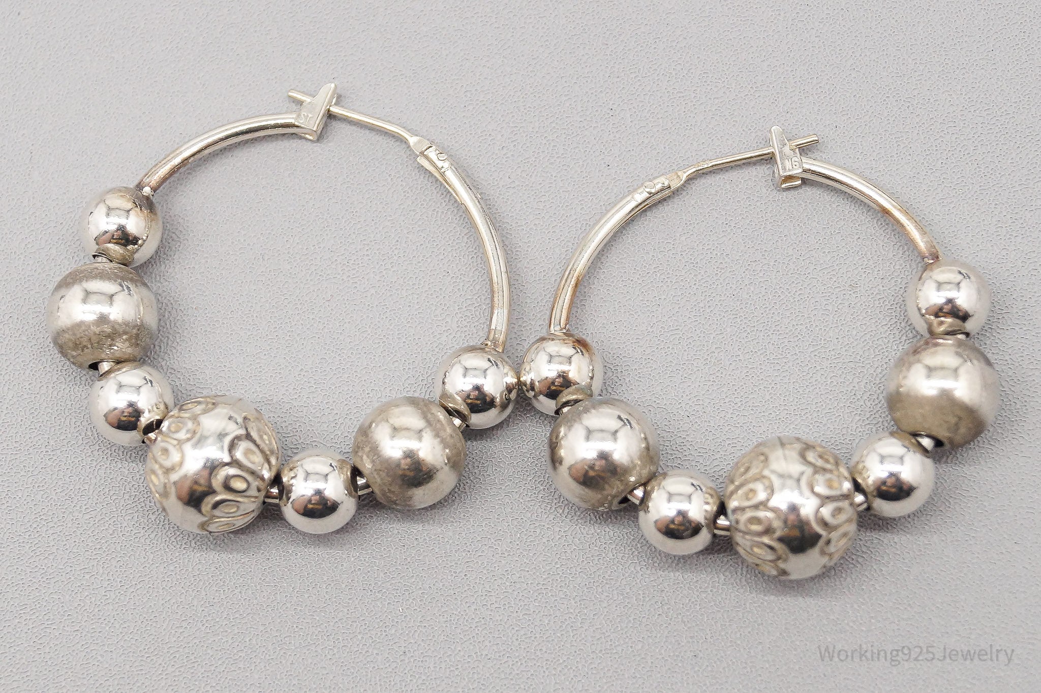 Vintage Puffy Bead Sterling Silver Hoop Earrings