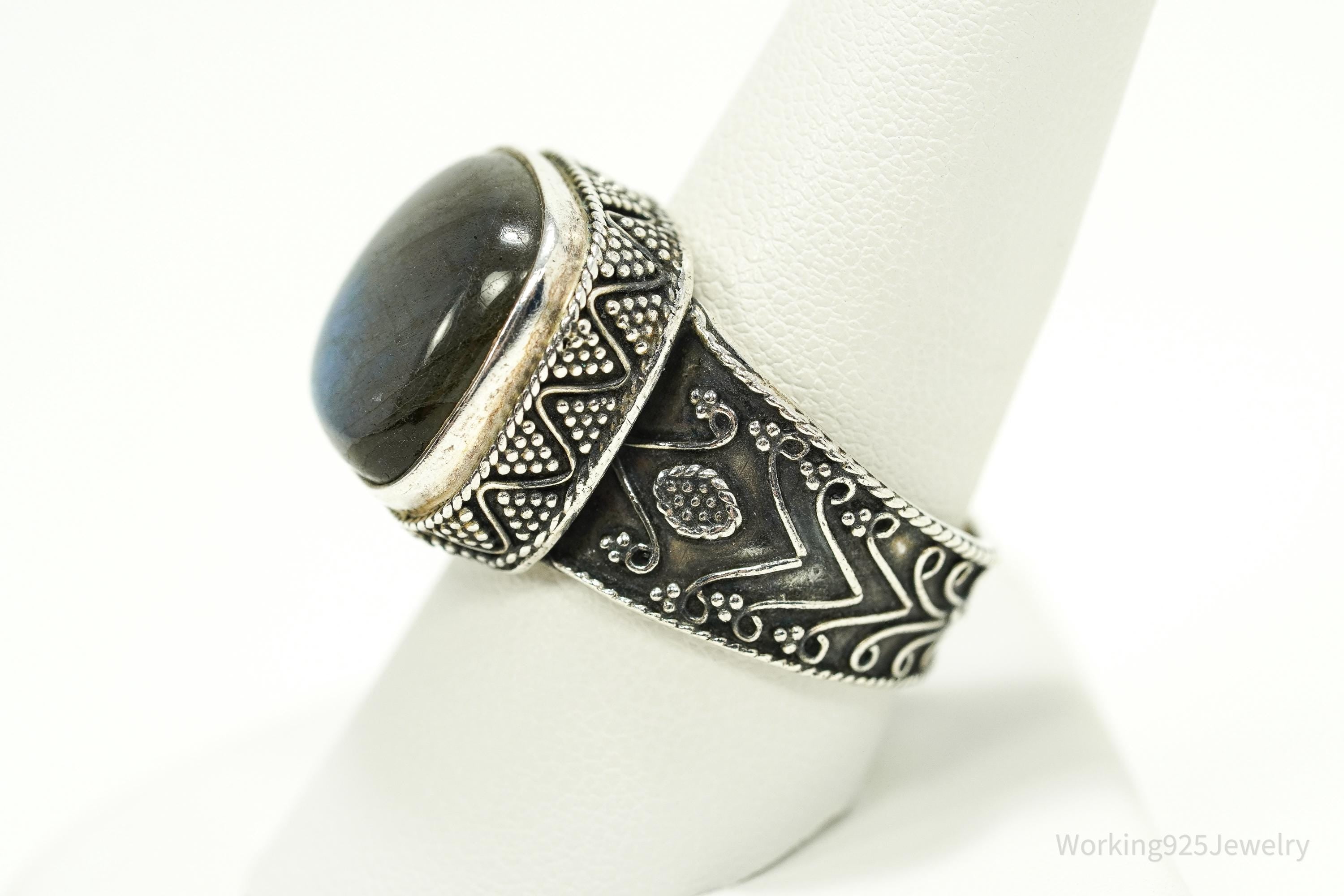 Vintage Large Labradorite Ornate Sterling Silver Ring - SZ 10.25