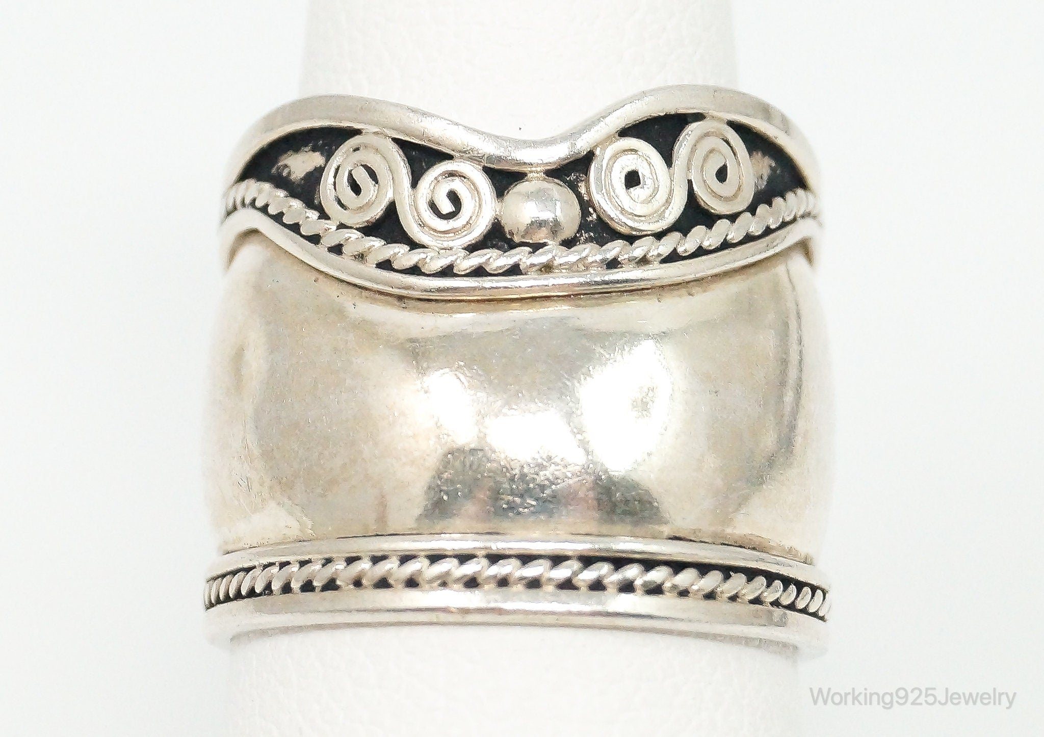 Vintage Wide Bali Style Scroll Swirls Sterling Silver Ring - Size 7