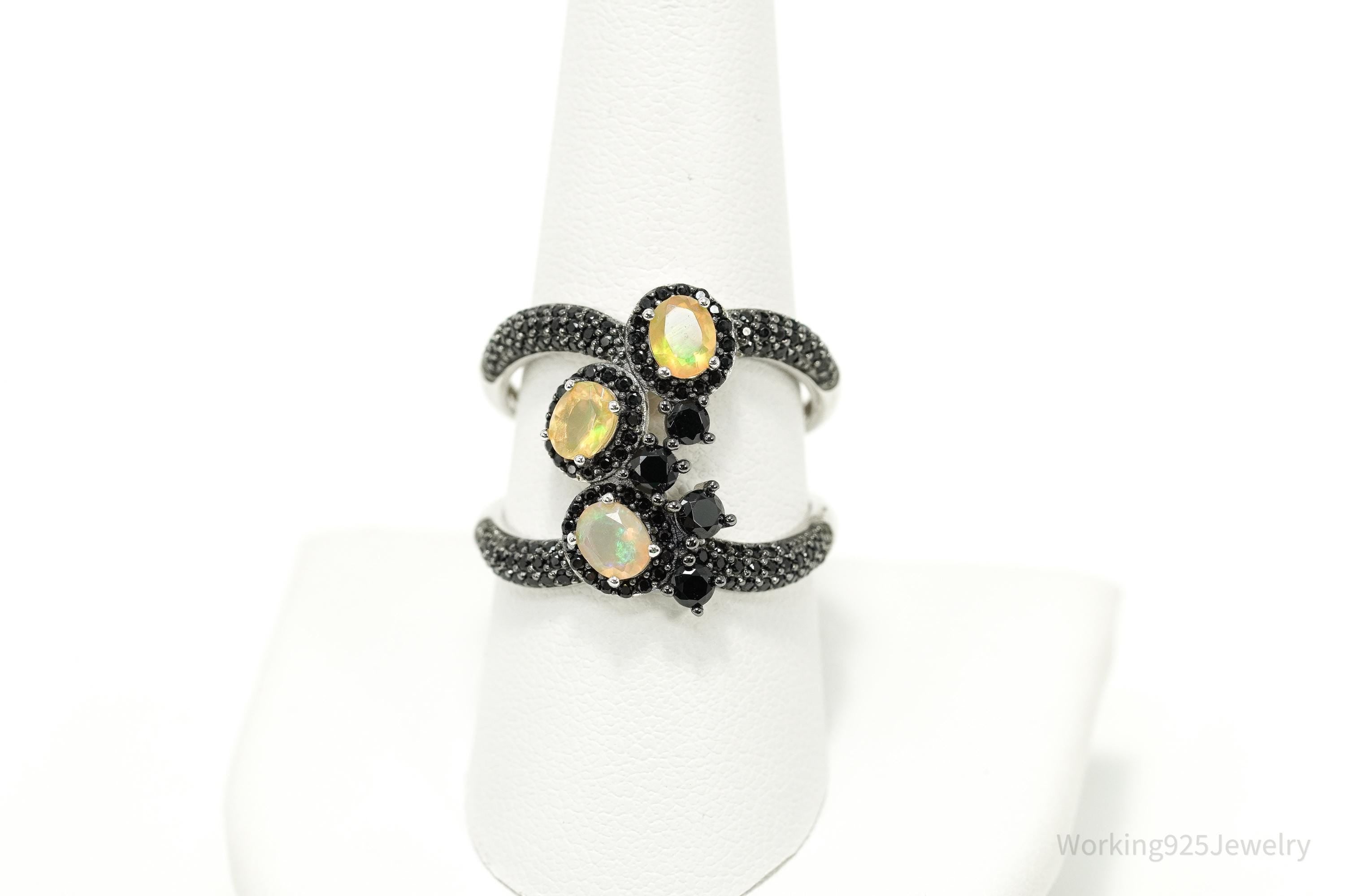 Vintage Opal & Black Spinel Sterling Silver Statement Ring – Size 9
