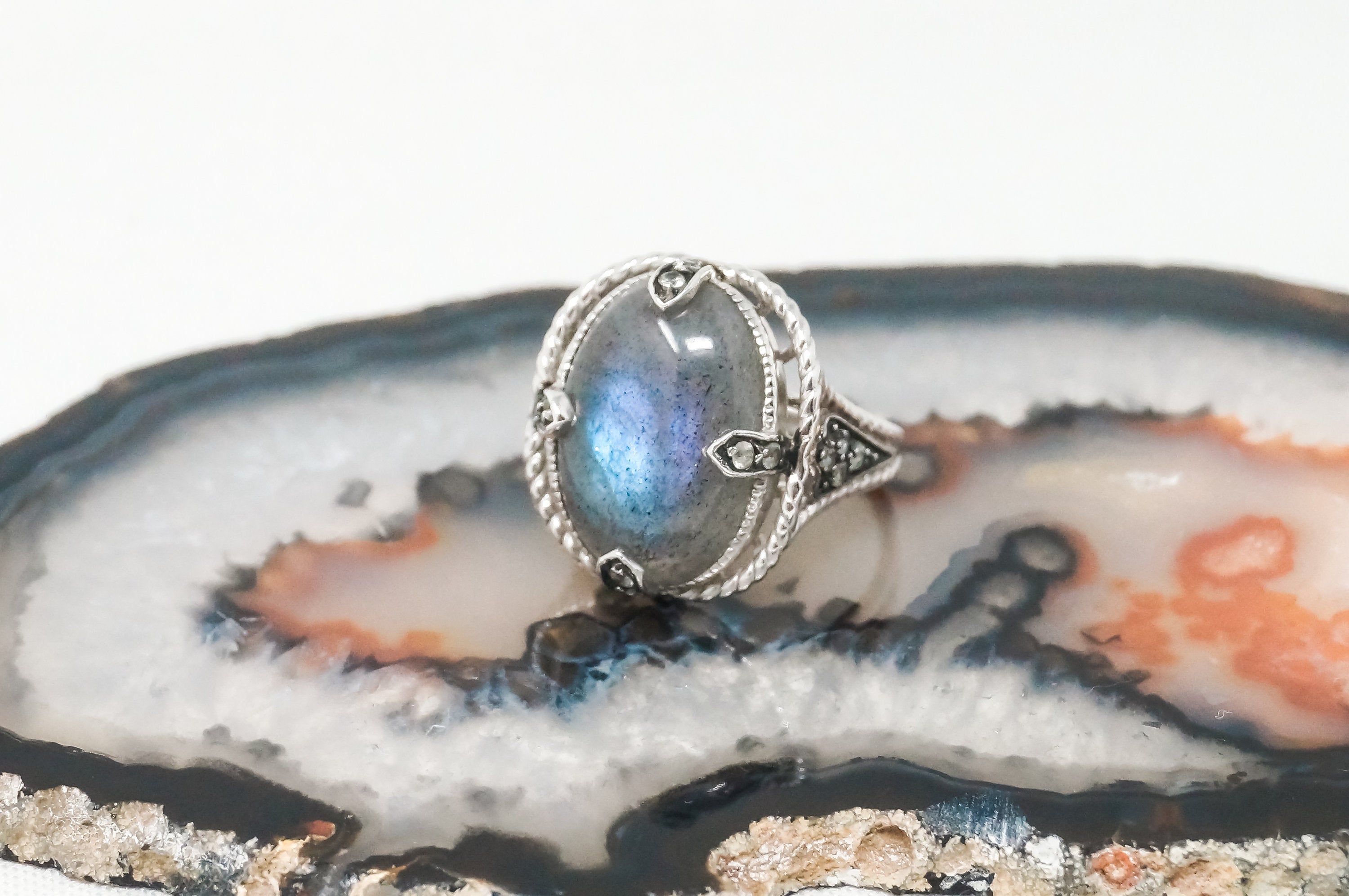 Vintage Large Labradorite Topaz Sterling Silver Ring - Sz 7 -797373219