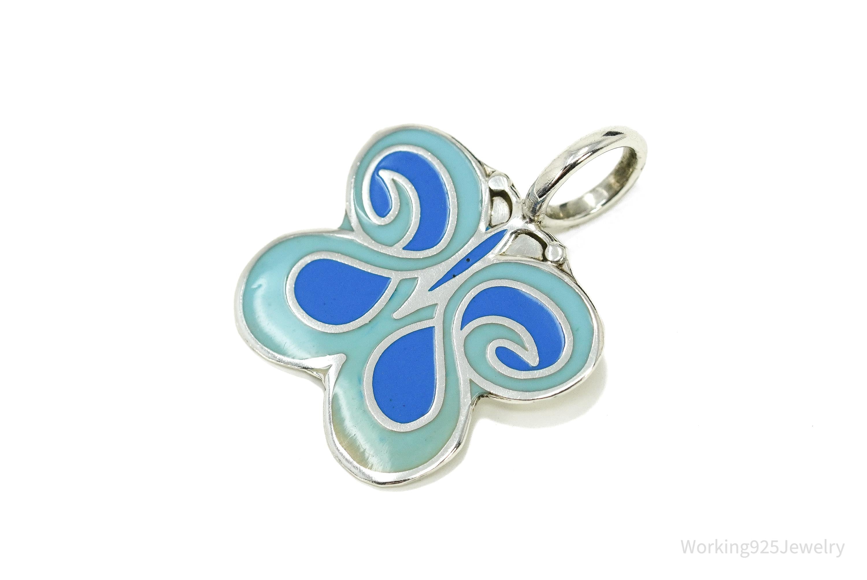 Vintage Blue Enamel Butterfly Silver Necklace Pendant