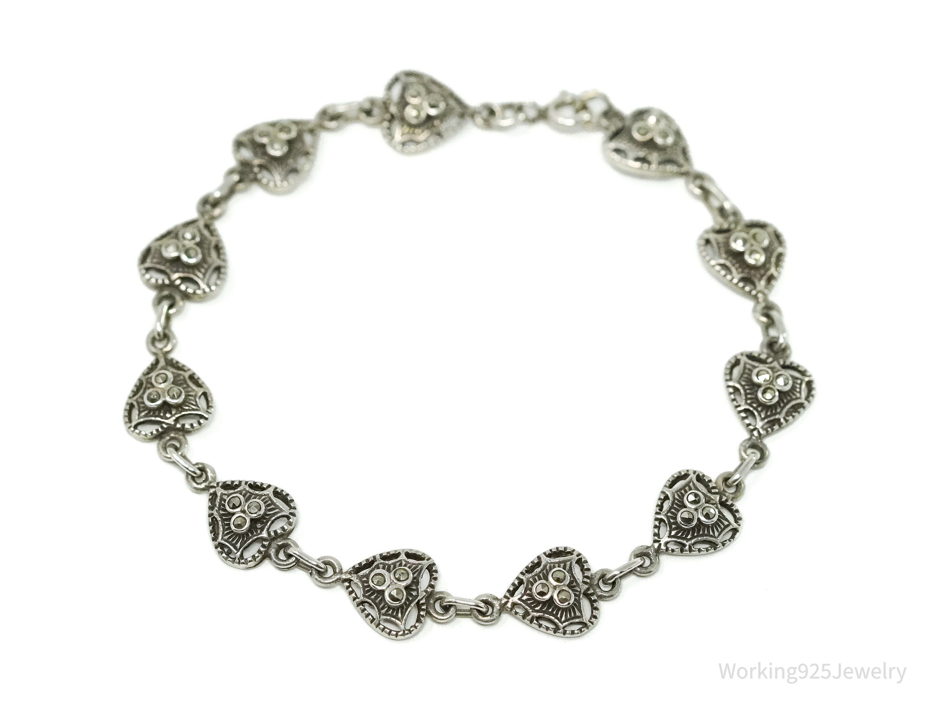 Vintage Marcasite Hearts Sterling Silver Bracelet 7.5"
