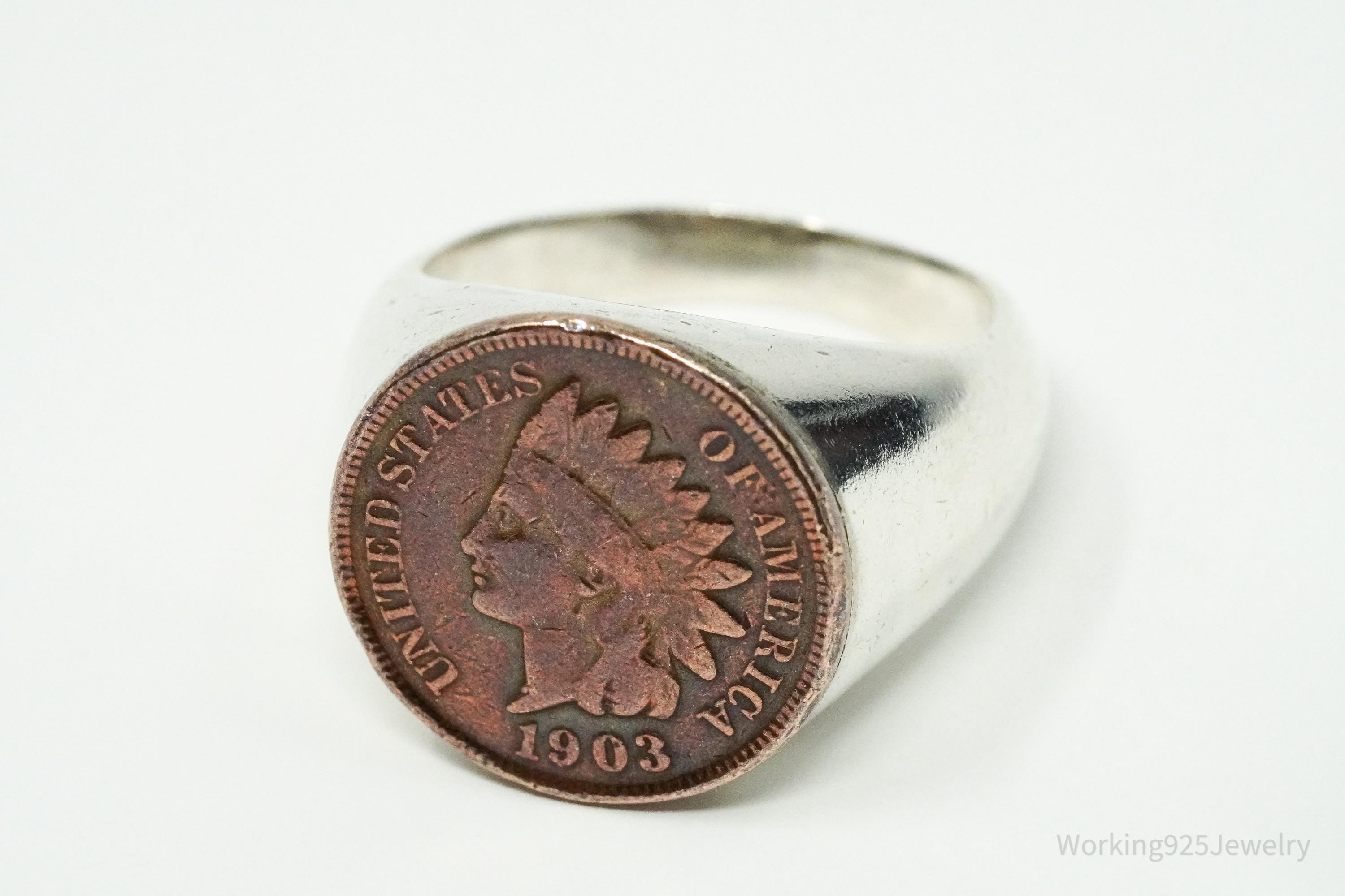 Vintage 1903 Indian Head Cent Penny Silver Ring - Size 10.5