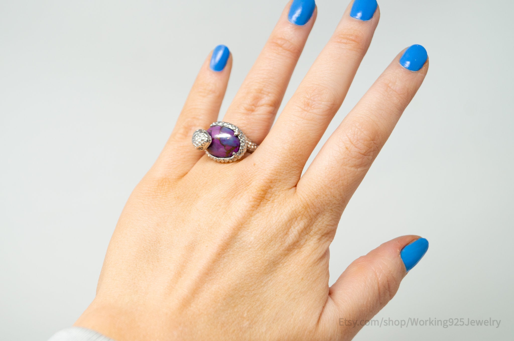 Vtg Designer Karis Snake Purple Mojave Turquoise Sterling Silver Ring - Size 9