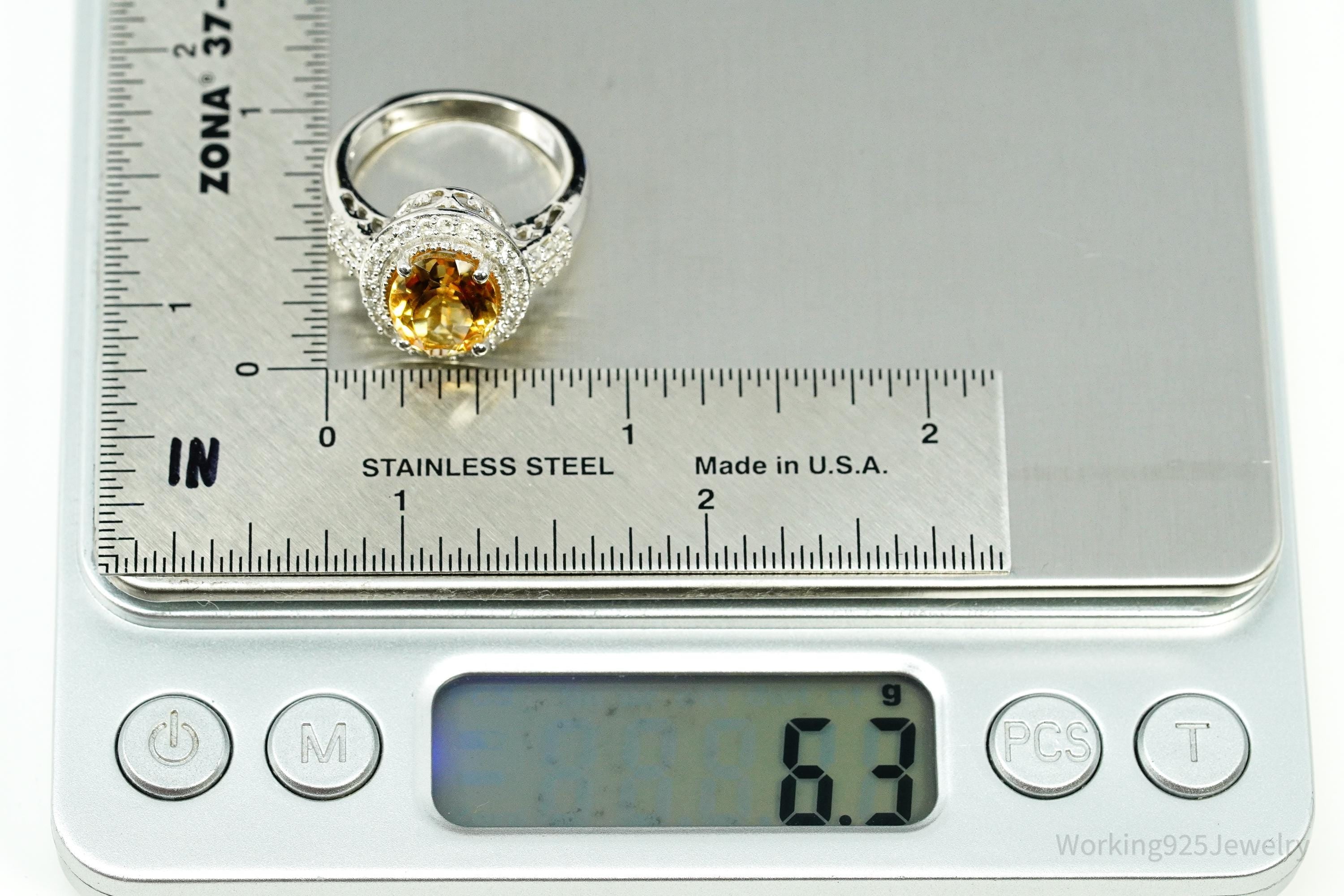 Vintage Large Citrine & Cubic Zirconia Sterling Silver Statement Ring - Size 8