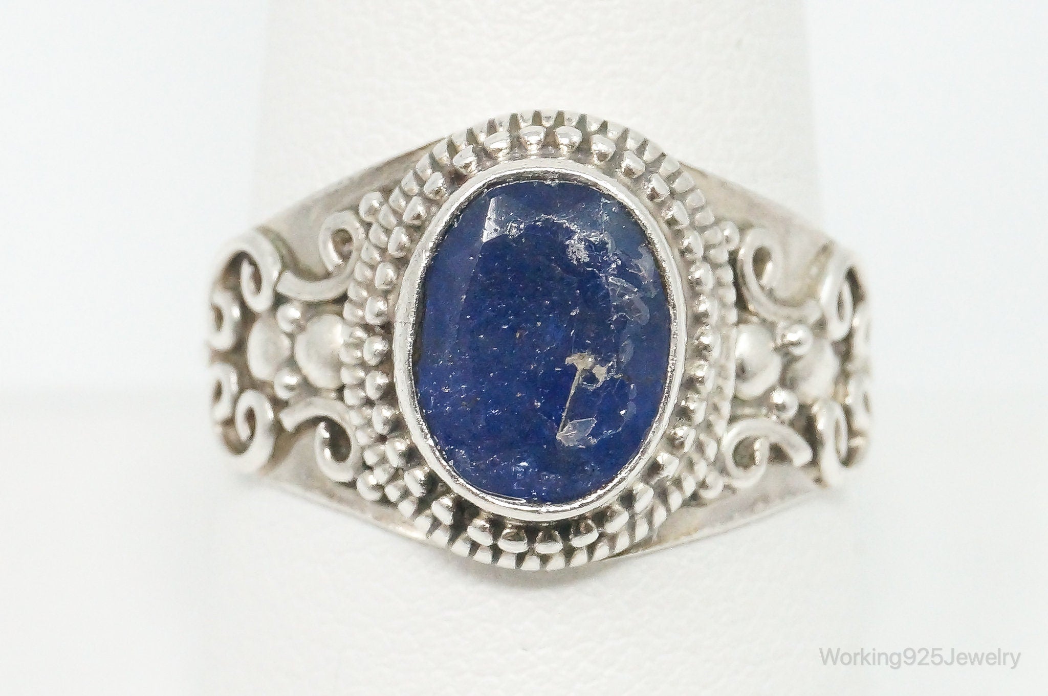 Vintage Dark Blue Gemstone Bali Style Sterling Silver Ring Size 10