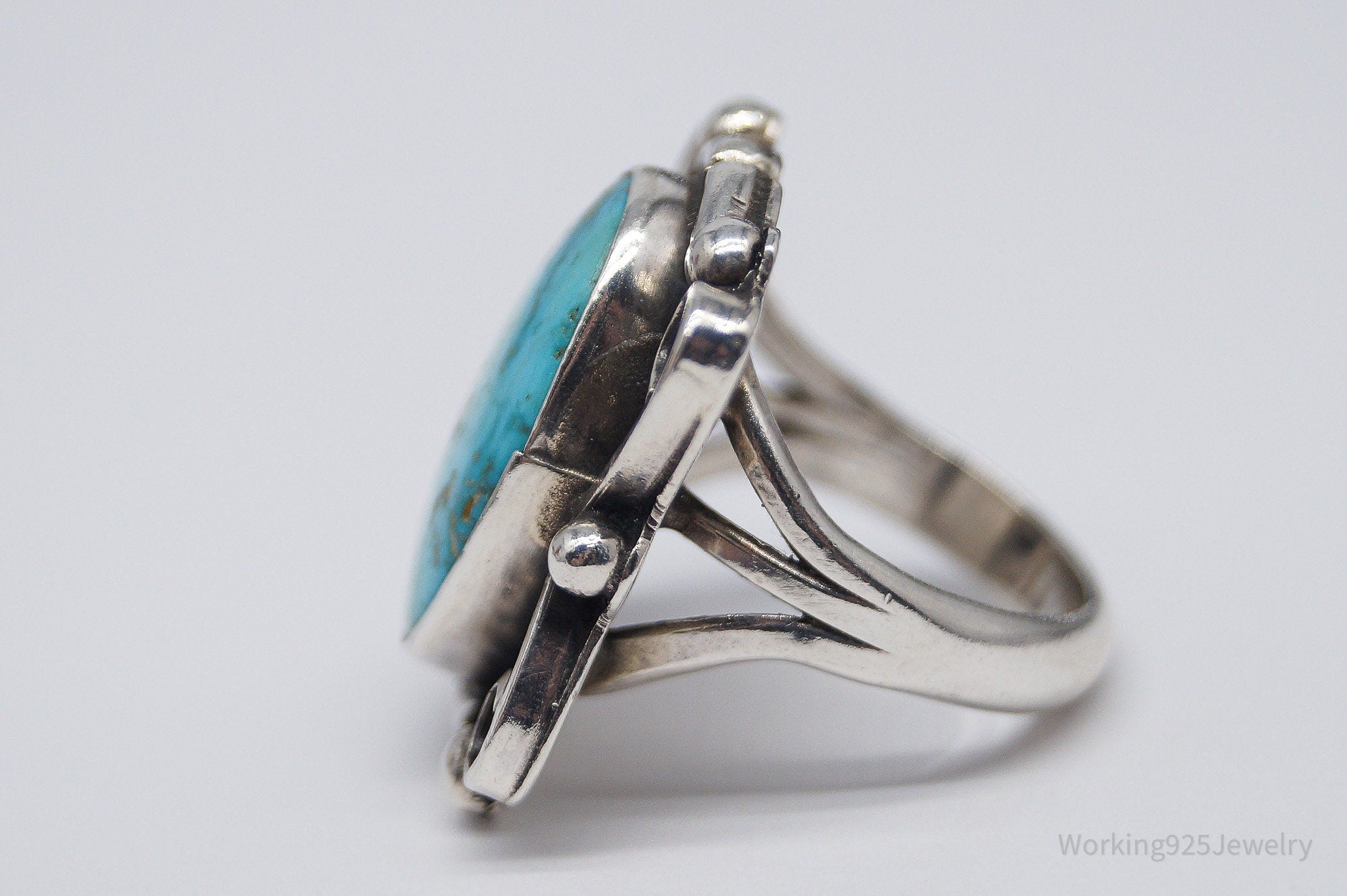 Vintage Handmade Native American Turquoise Unsigned Silver Ring - Size 6.75