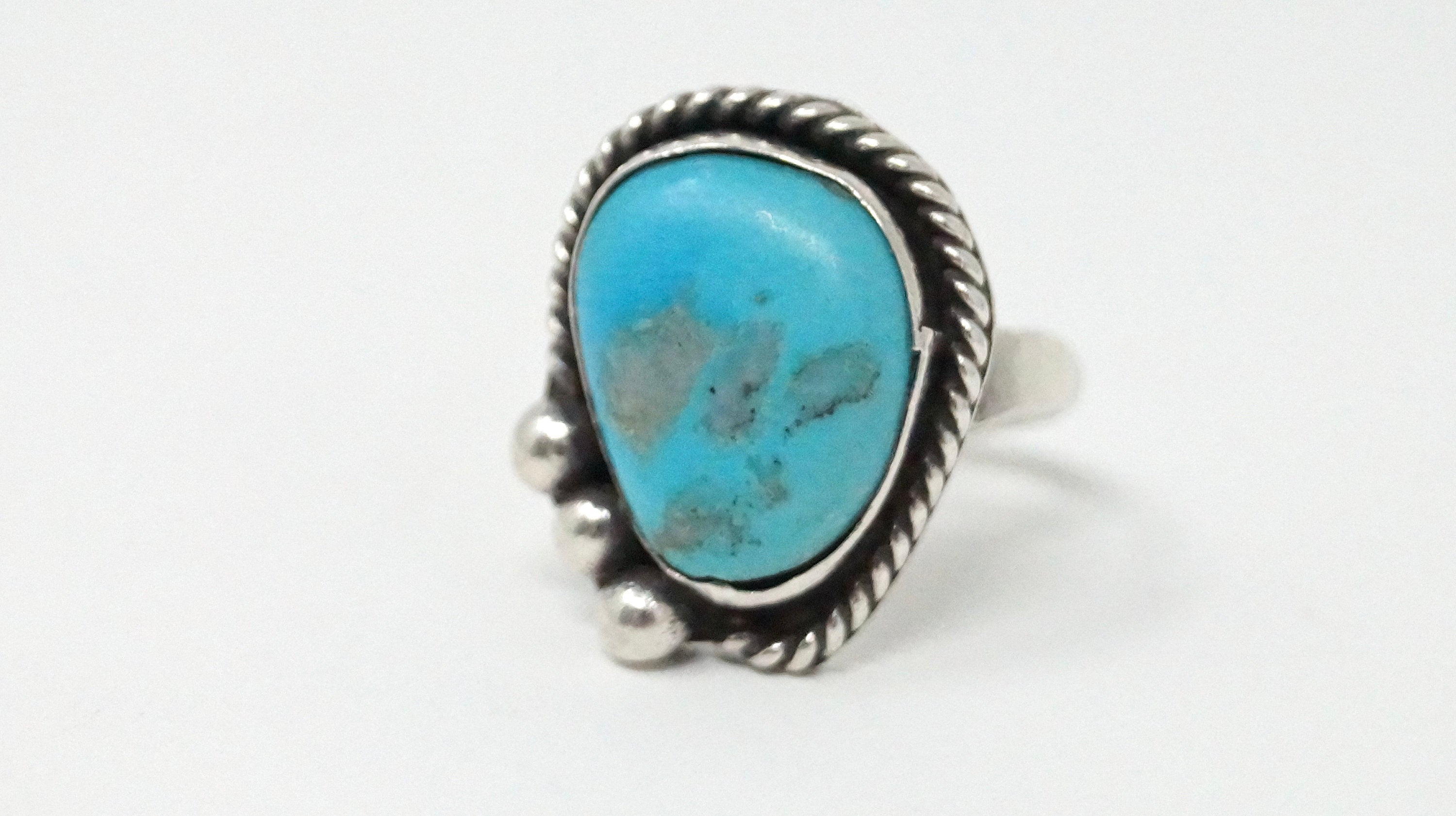 Vintage Native Turquoise Sterling Silver Rope Detail Ring - Size 7 1/4