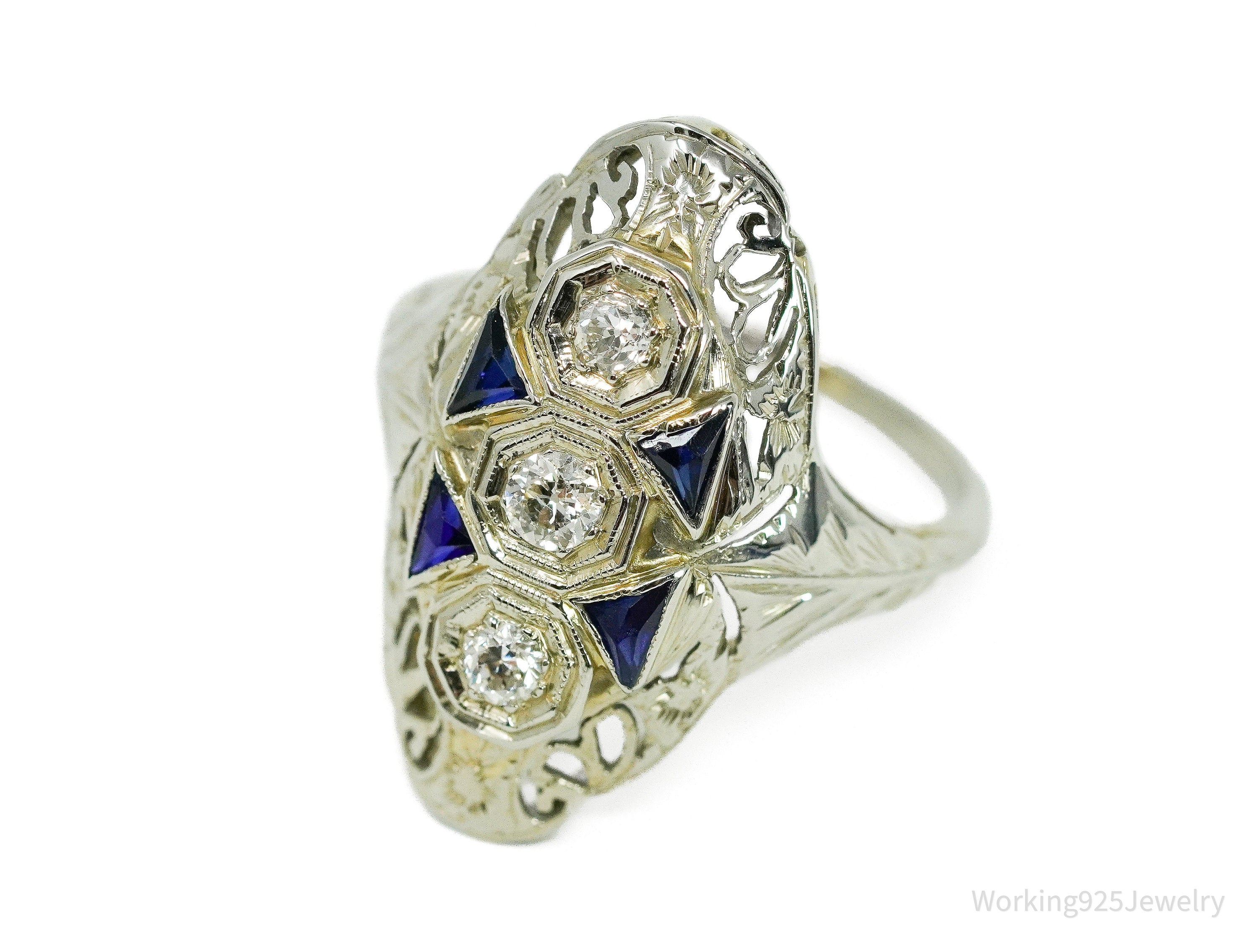 Circa Art Deco Era 18K White Gold, Diamonds And Sapphire Ring - Size 7.5