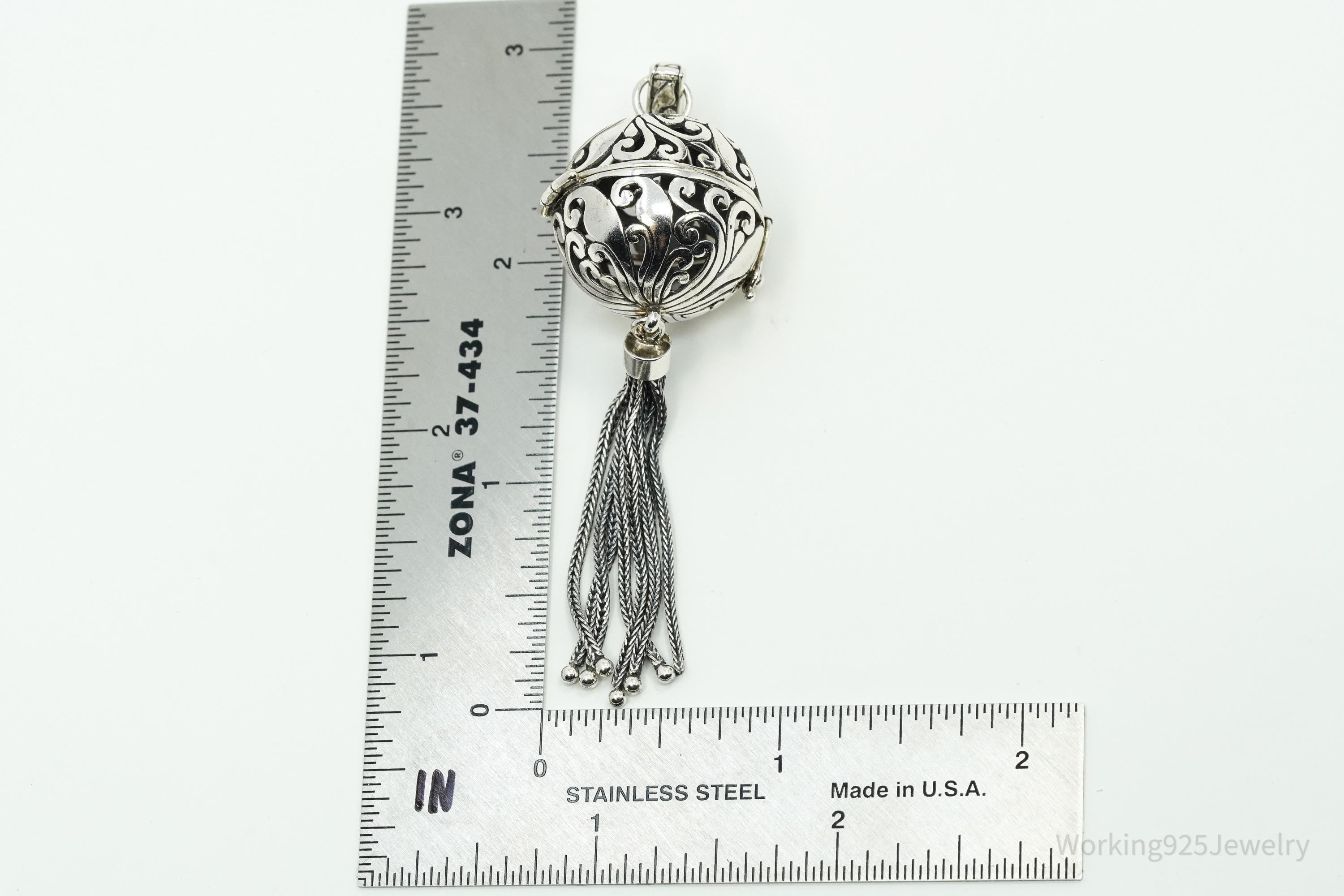 Large Vintage ATI Ornate Ball Dome Cage Sterling Silver Necklace Pendant