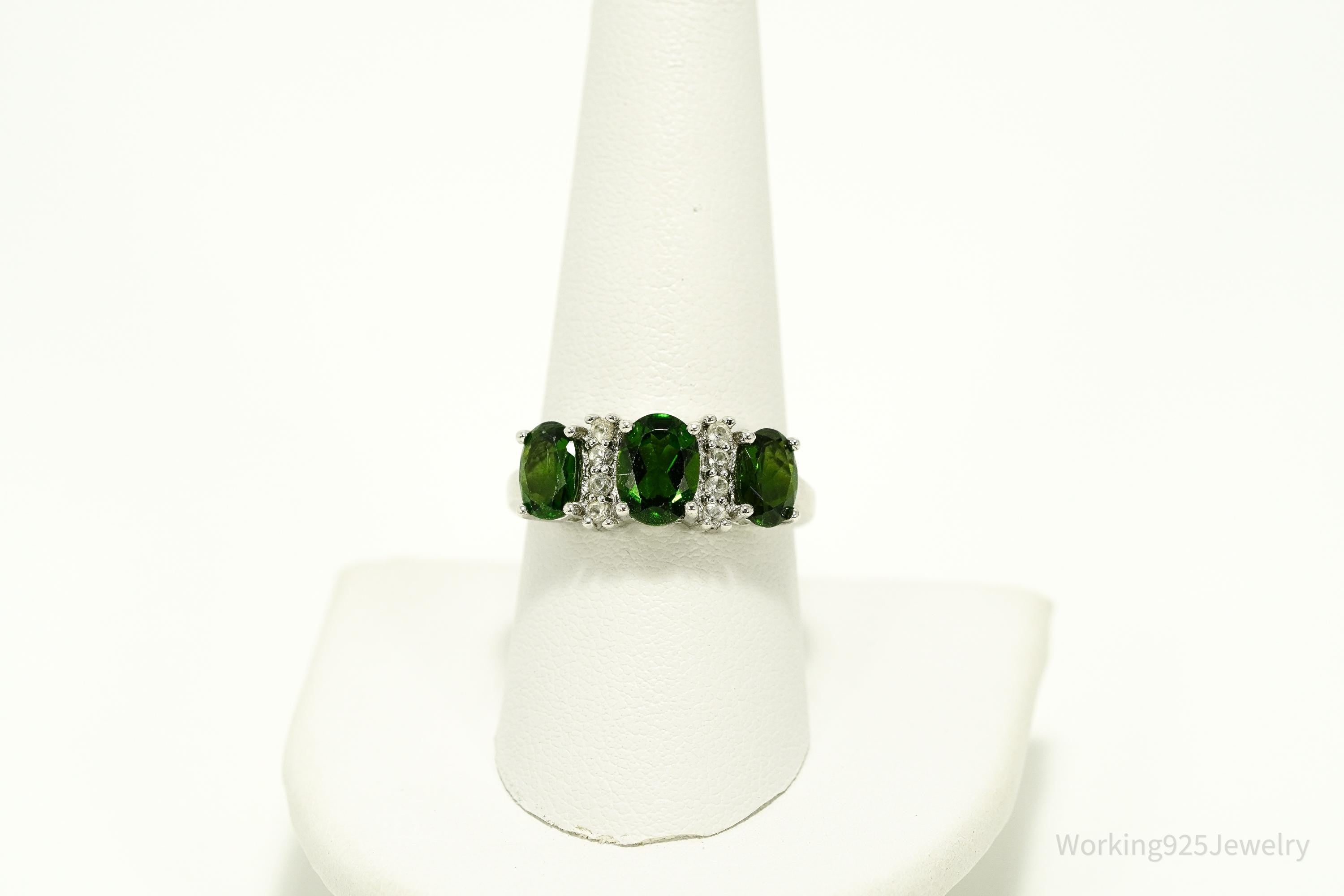 Green Chrome Diopside & White Topaz Sterling Silver Ring - Size 8.75