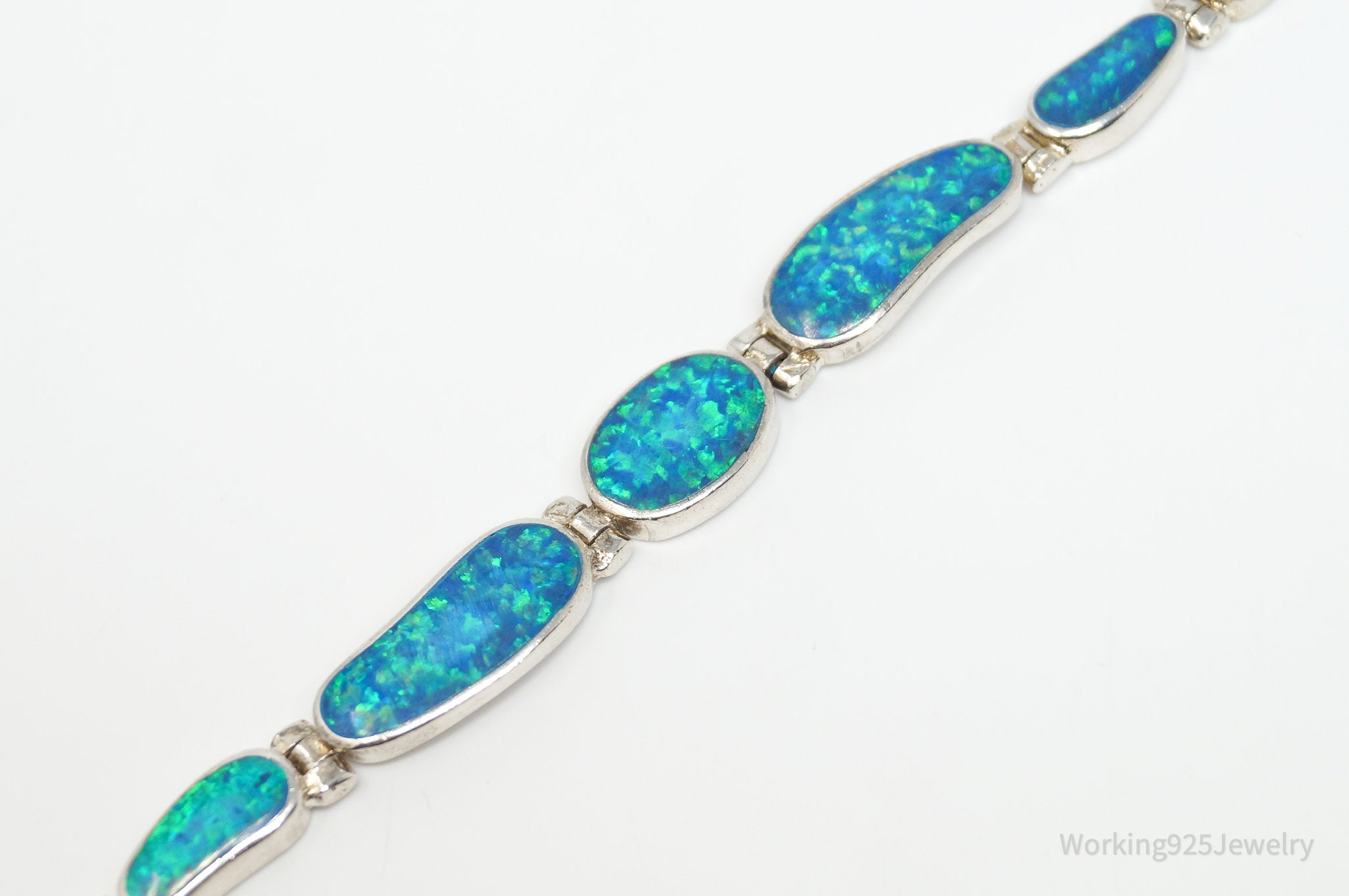 Vintage Synthetic Blue Fire Opal Sterling Silver Bracelet