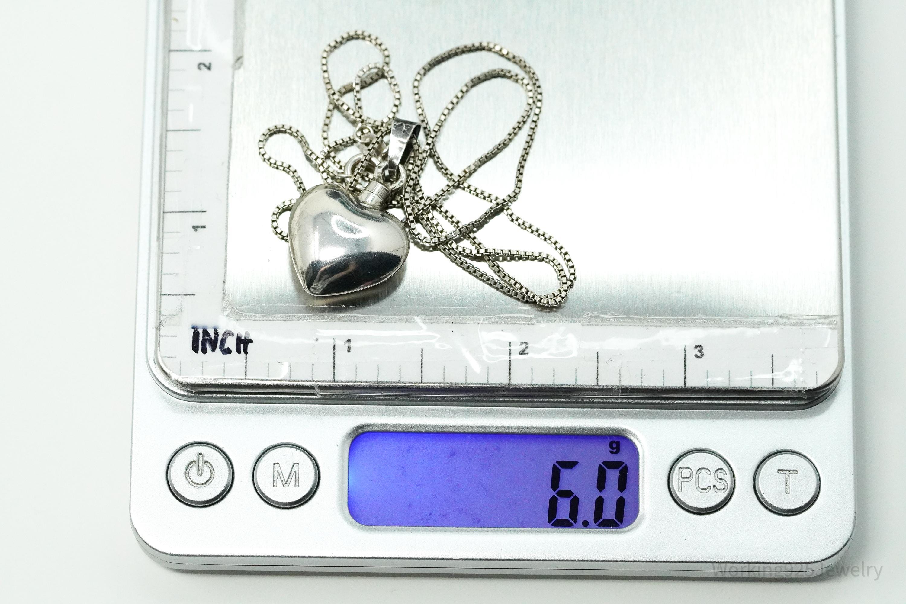 Vintage Mexican Heart Perfume Poison Bottle Sterling Silver Chain Necklace 20"