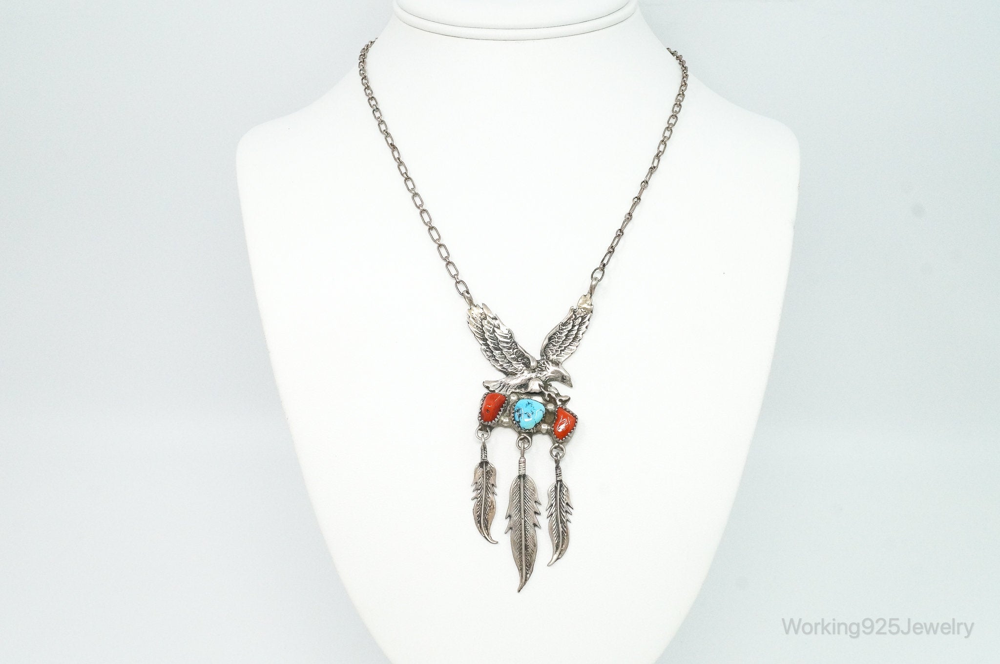 VTG Native American Richard Begay Turquoise Coral Sterling Silver Necklace