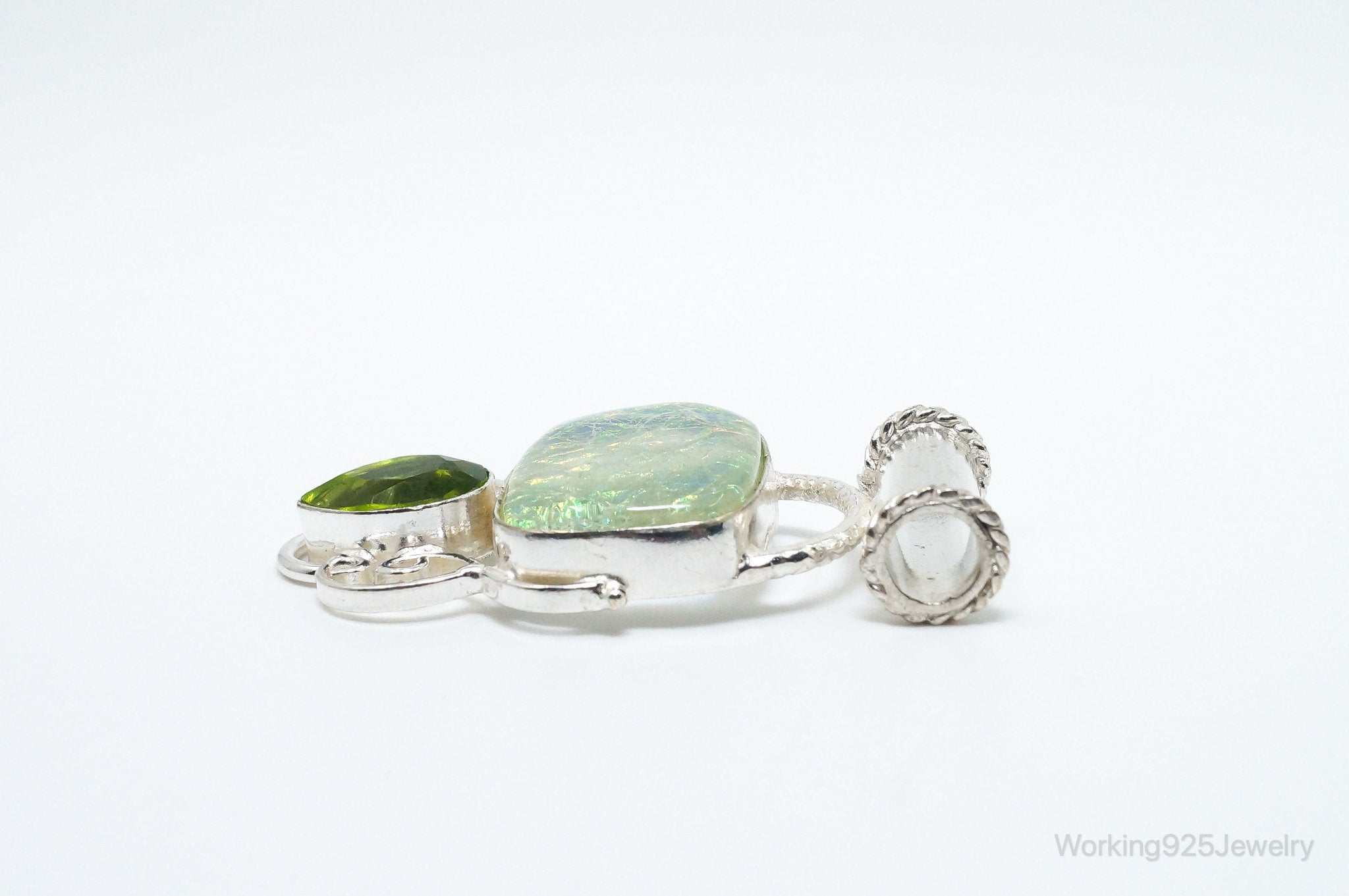 Large Vintage Rainbow Glass Peridot Sterling Silver Pendant