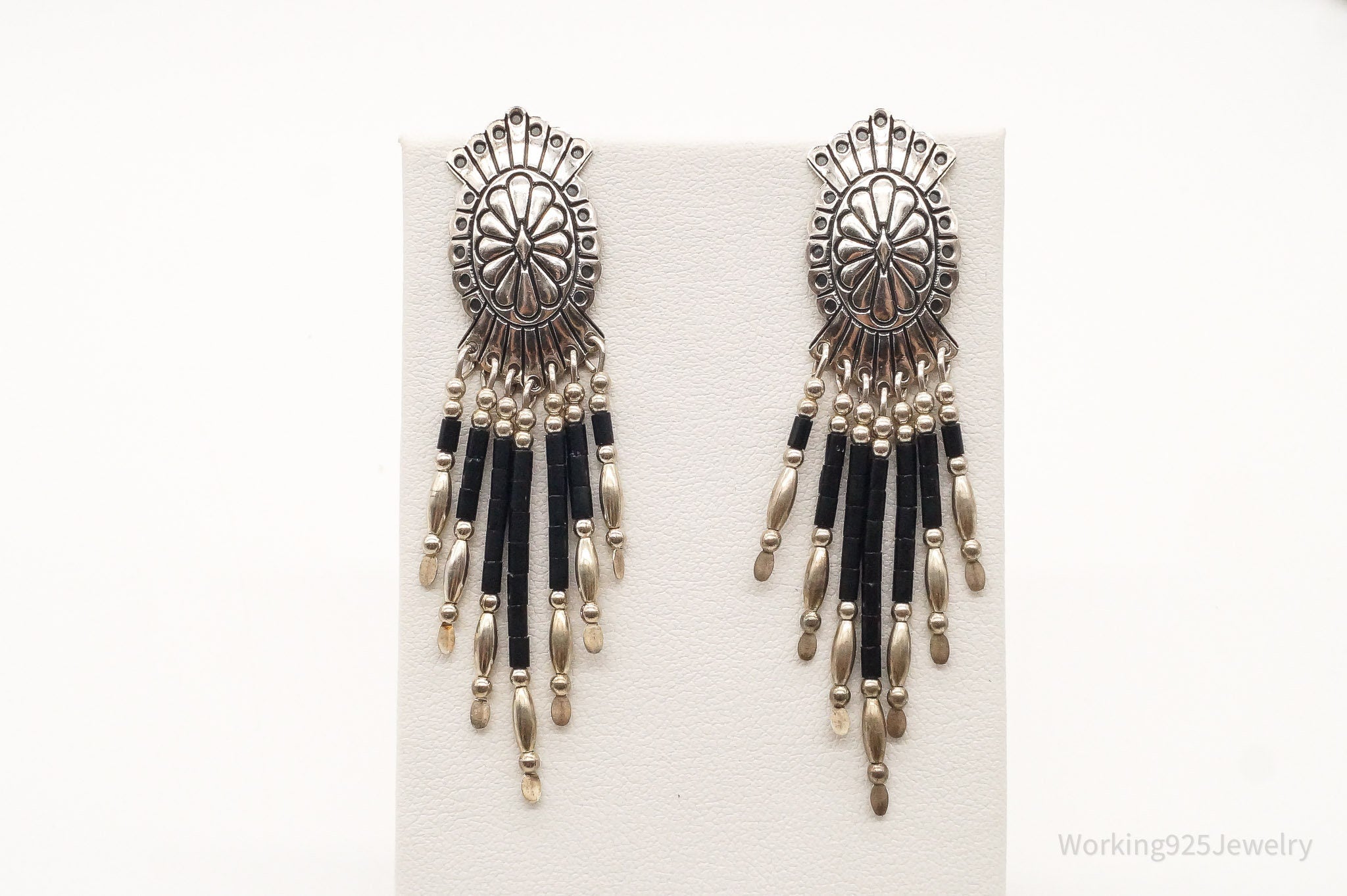 Vintage Native American QT Quoc Black Onyx Sterling Silver Earrings