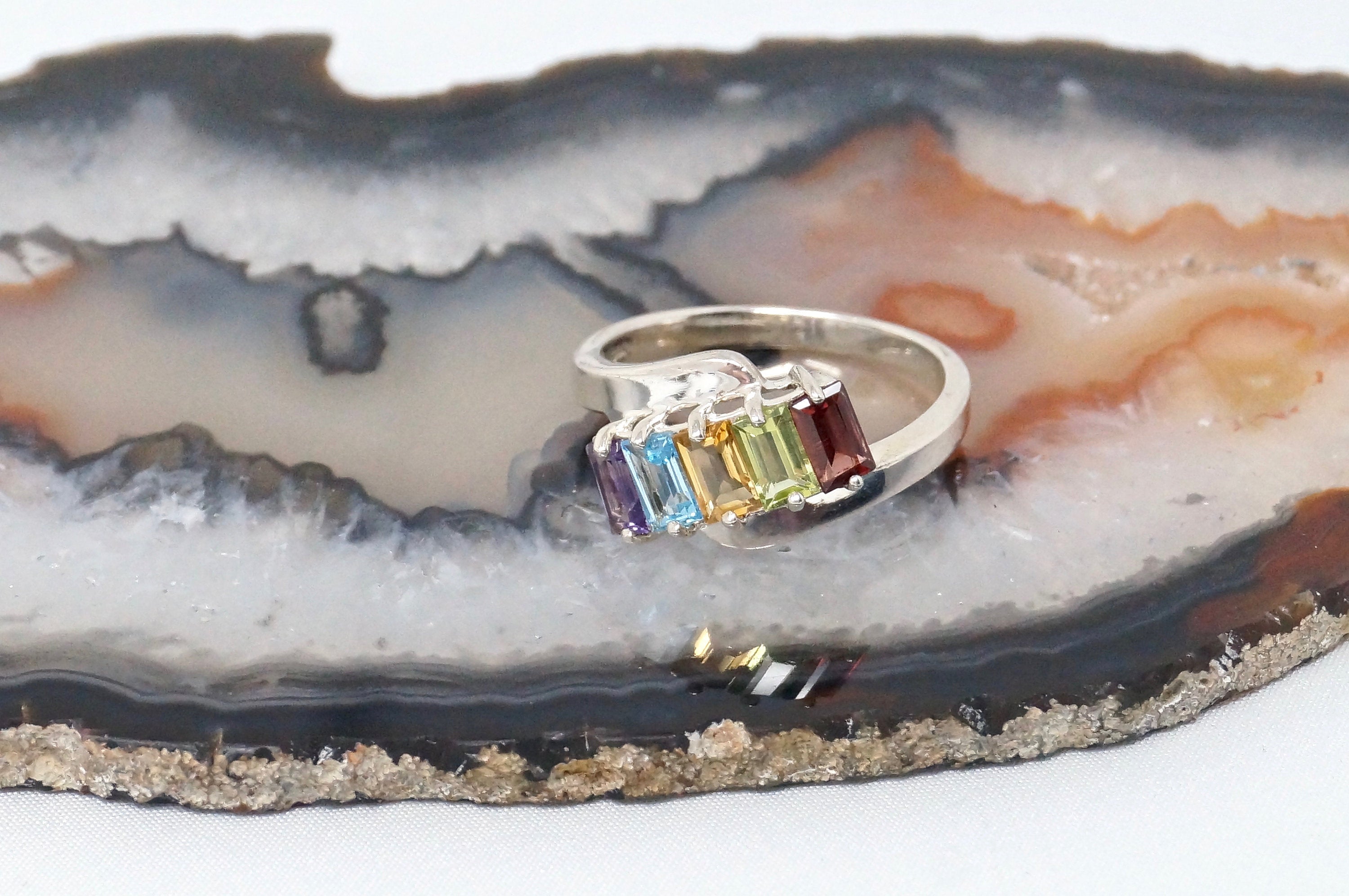 Vintage Citrine Peridot Blue Topaz Amethyst Garnet Sterling Silver Ring Sz 7.75