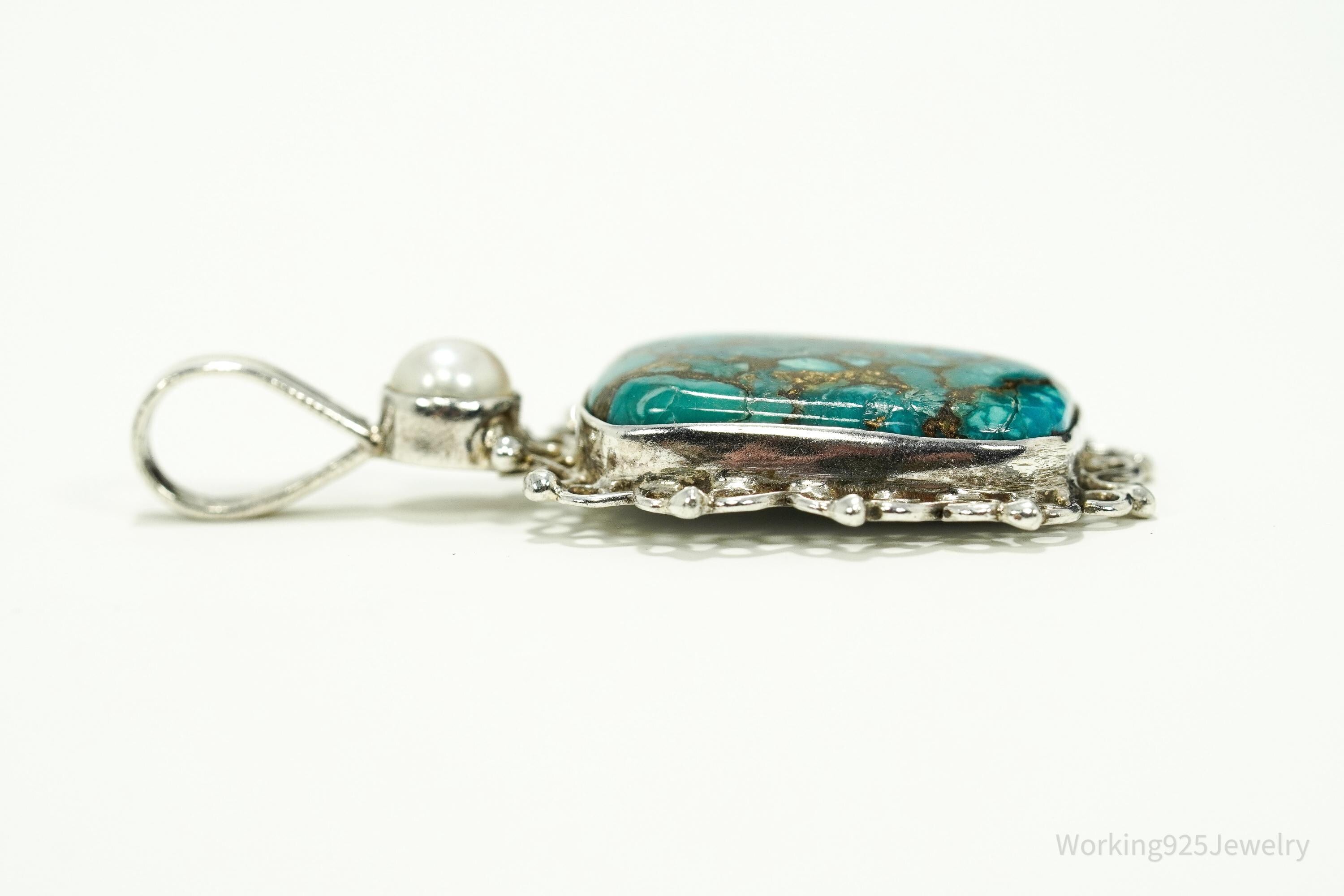 Vintage Turquoise & Pearl Sterling Silver Pendant