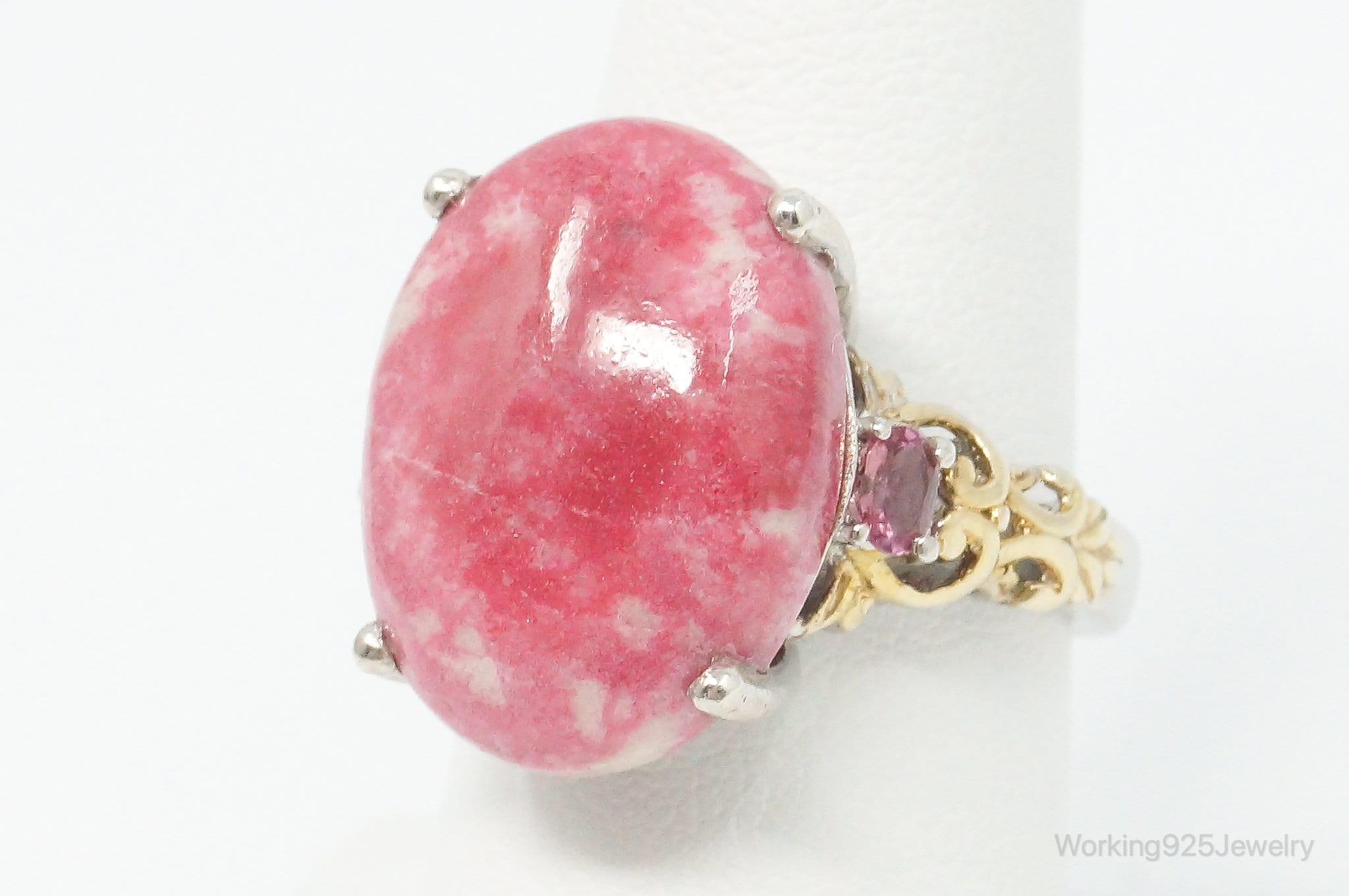 Vintage Thulite Pink Topaz Gold Vermeil Sterling Silver Ring - Size 8