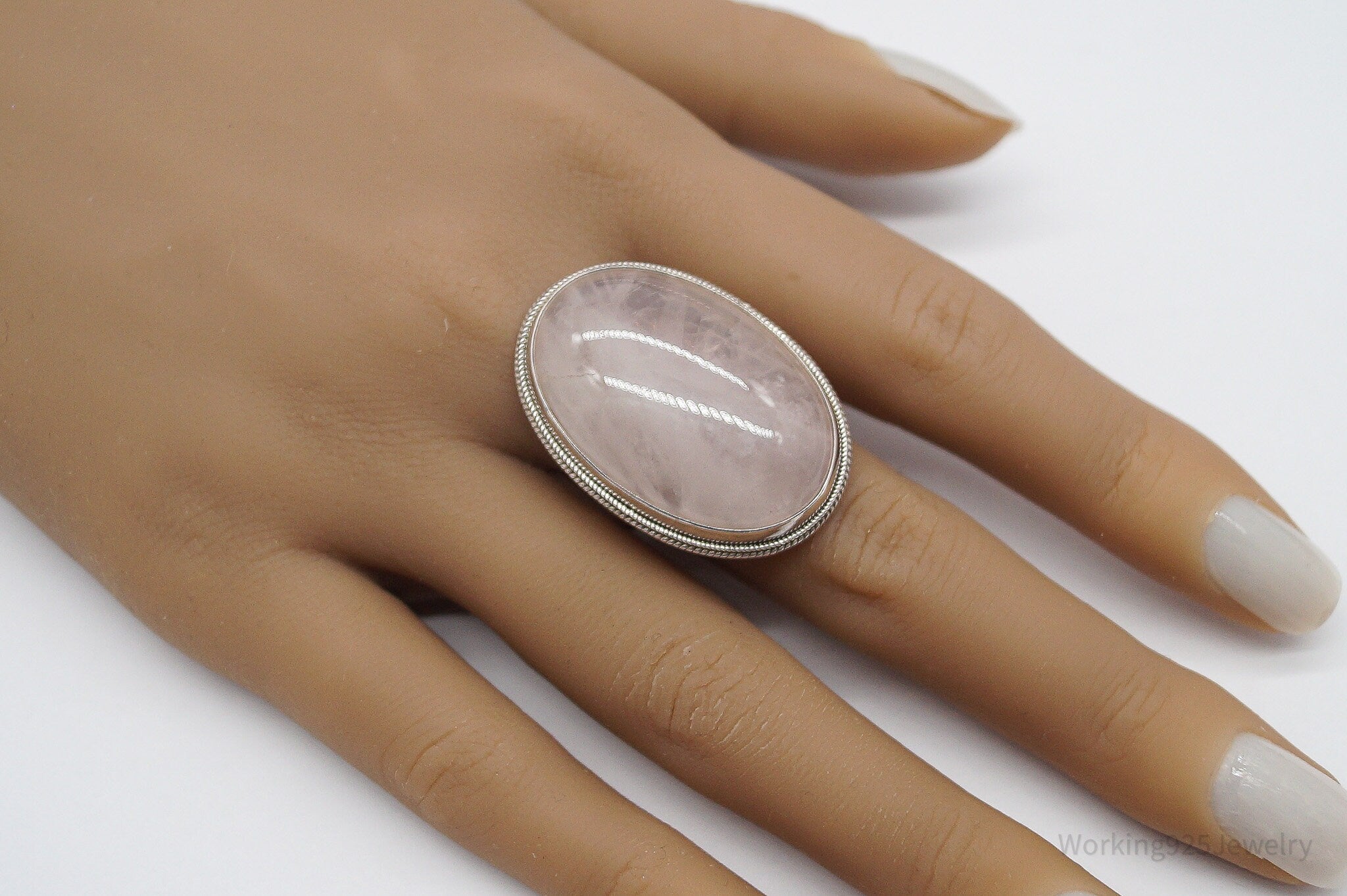 Vintage Large Rose Quartz Sterling Silver Ring - Size 10
