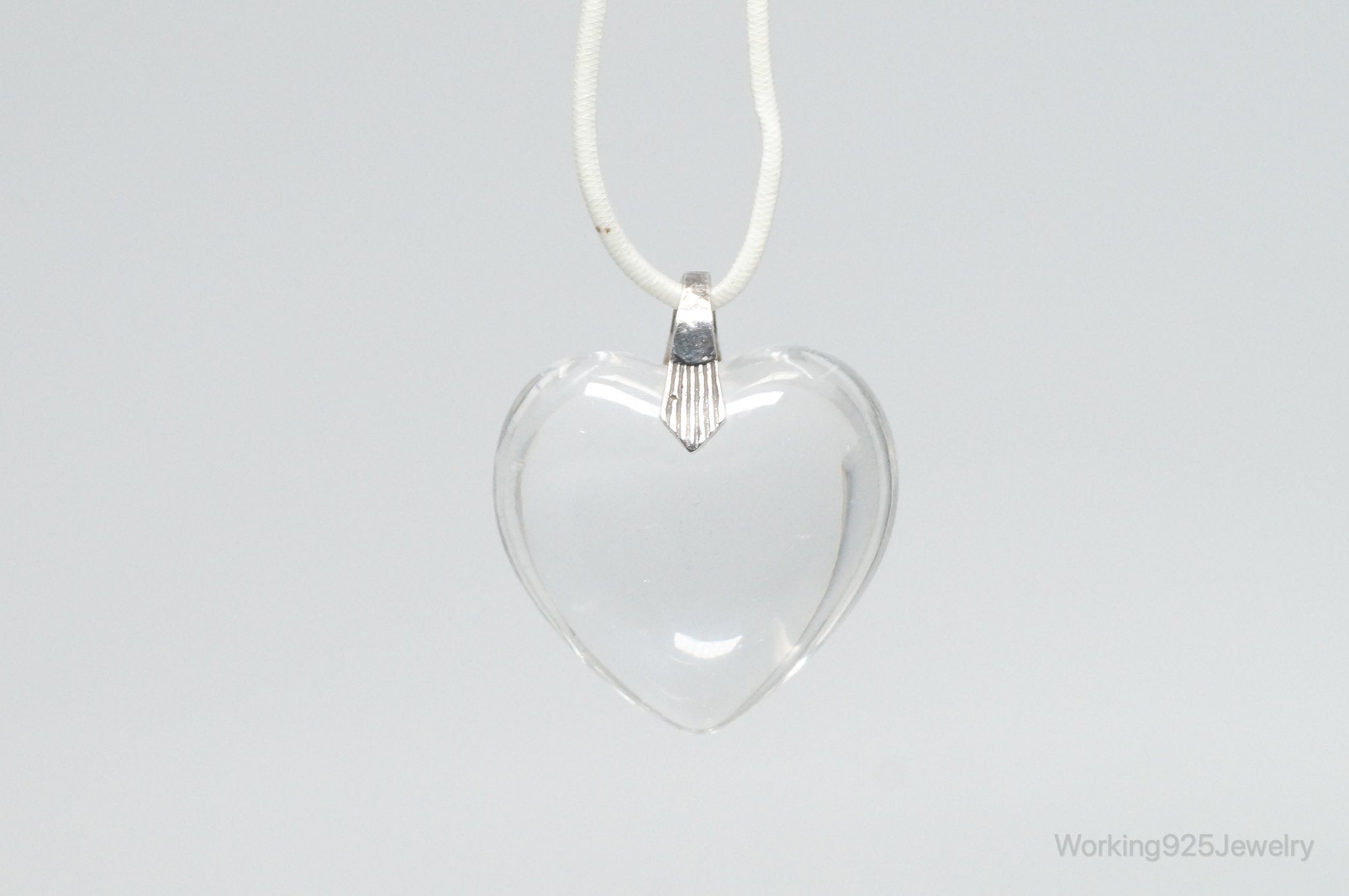 Vintage Large Glass Heart Sterling Silver Necklace Pendant