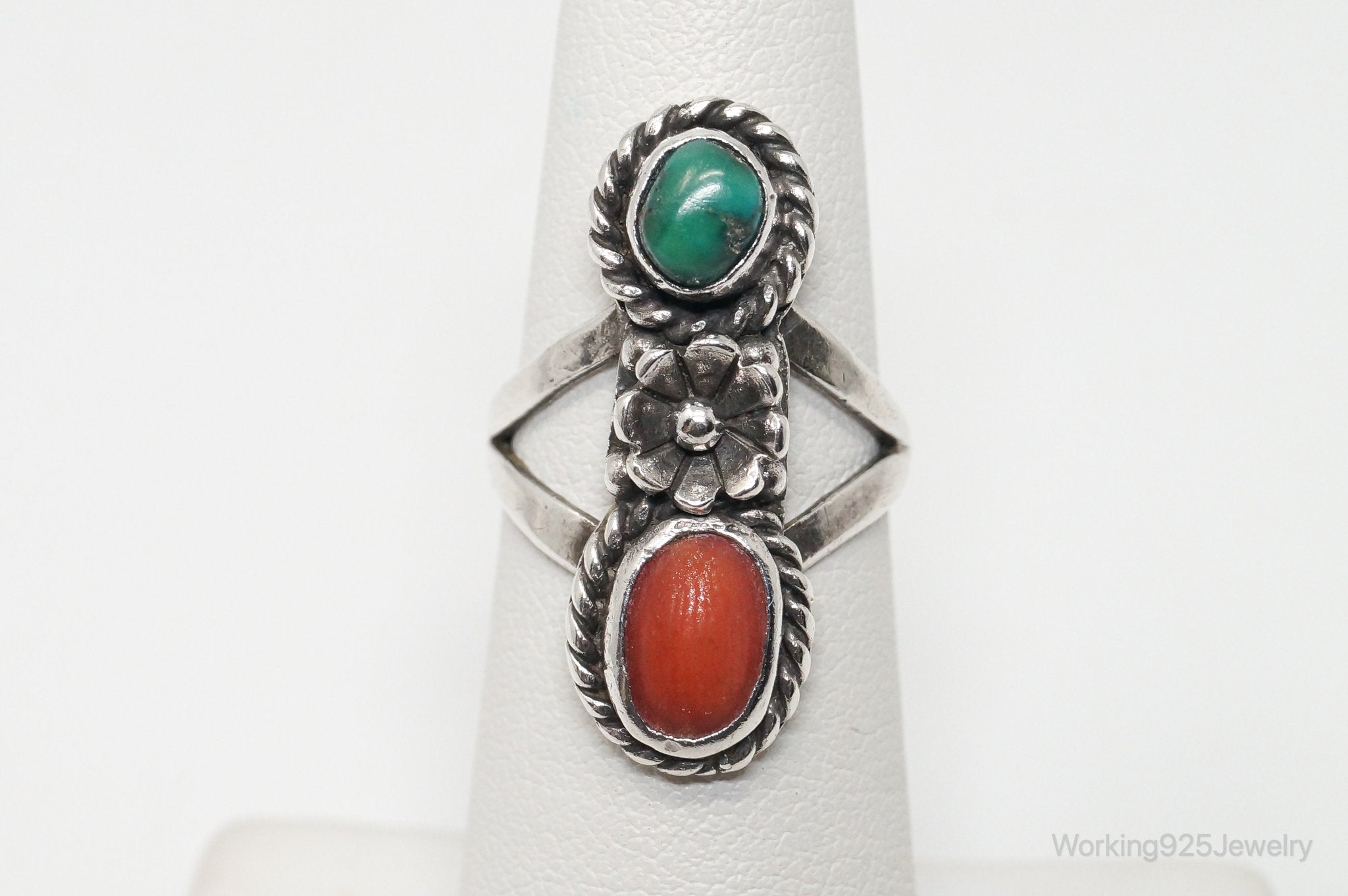 Vintage Native American Turquoise Coral Unsigned Sterling Silver Ring - Sz 5.25