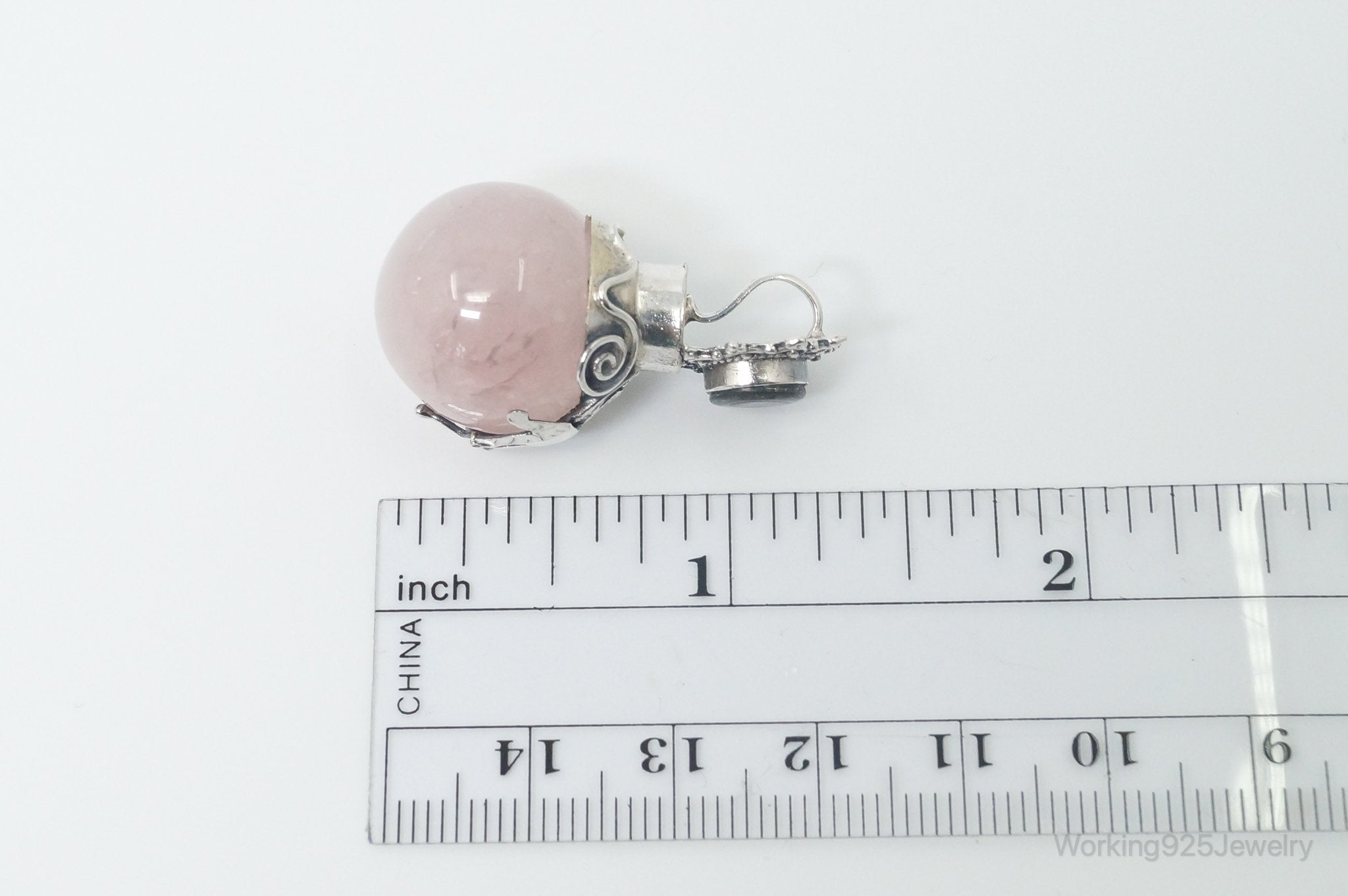 Vintage Rose Quartz Abalone Shell Bali Cat Sterling Silver Necklace Pendant