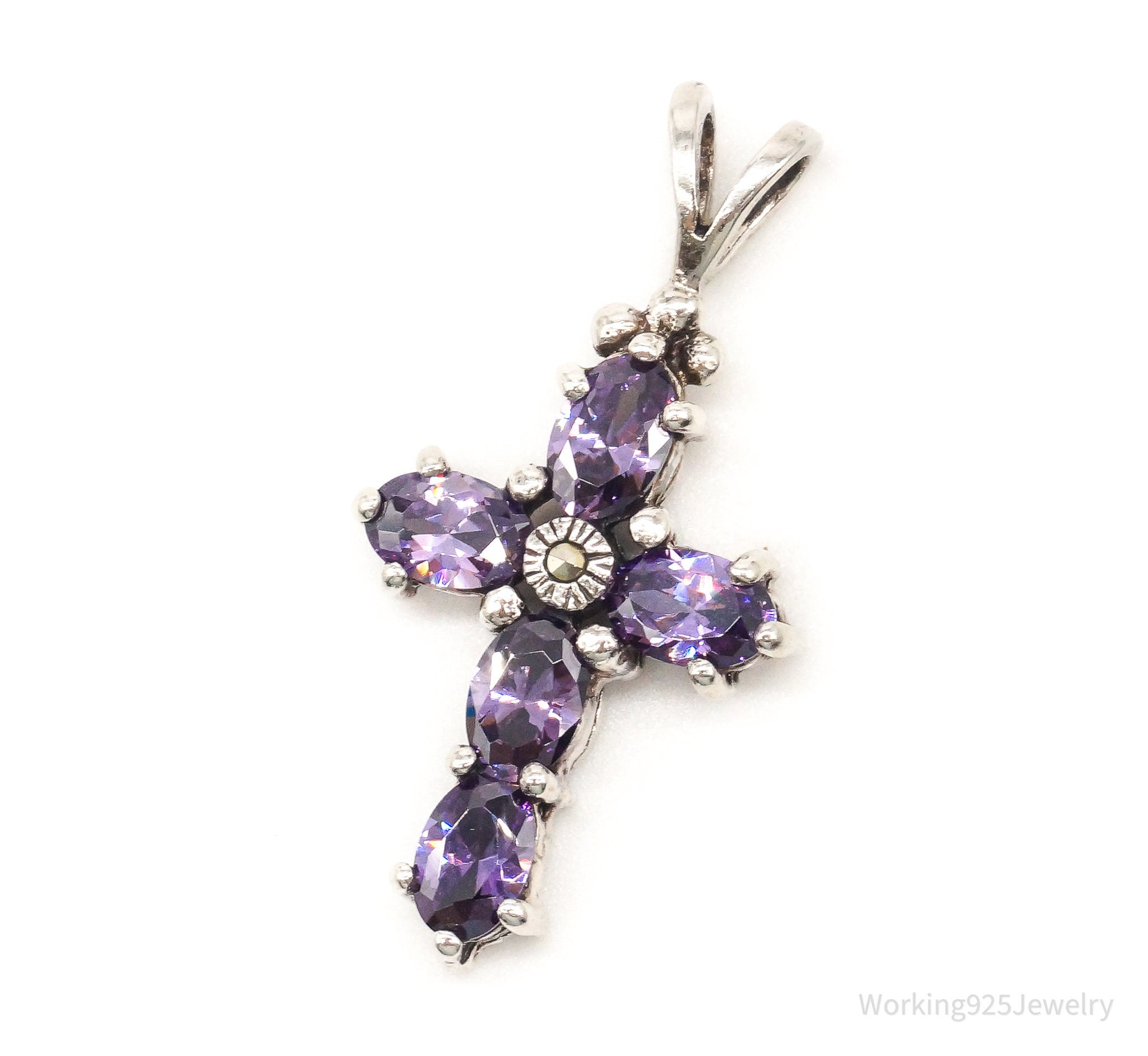 Vintage Purple Cubic Zirconia Marcasite Cross Sterling Silver Pendant