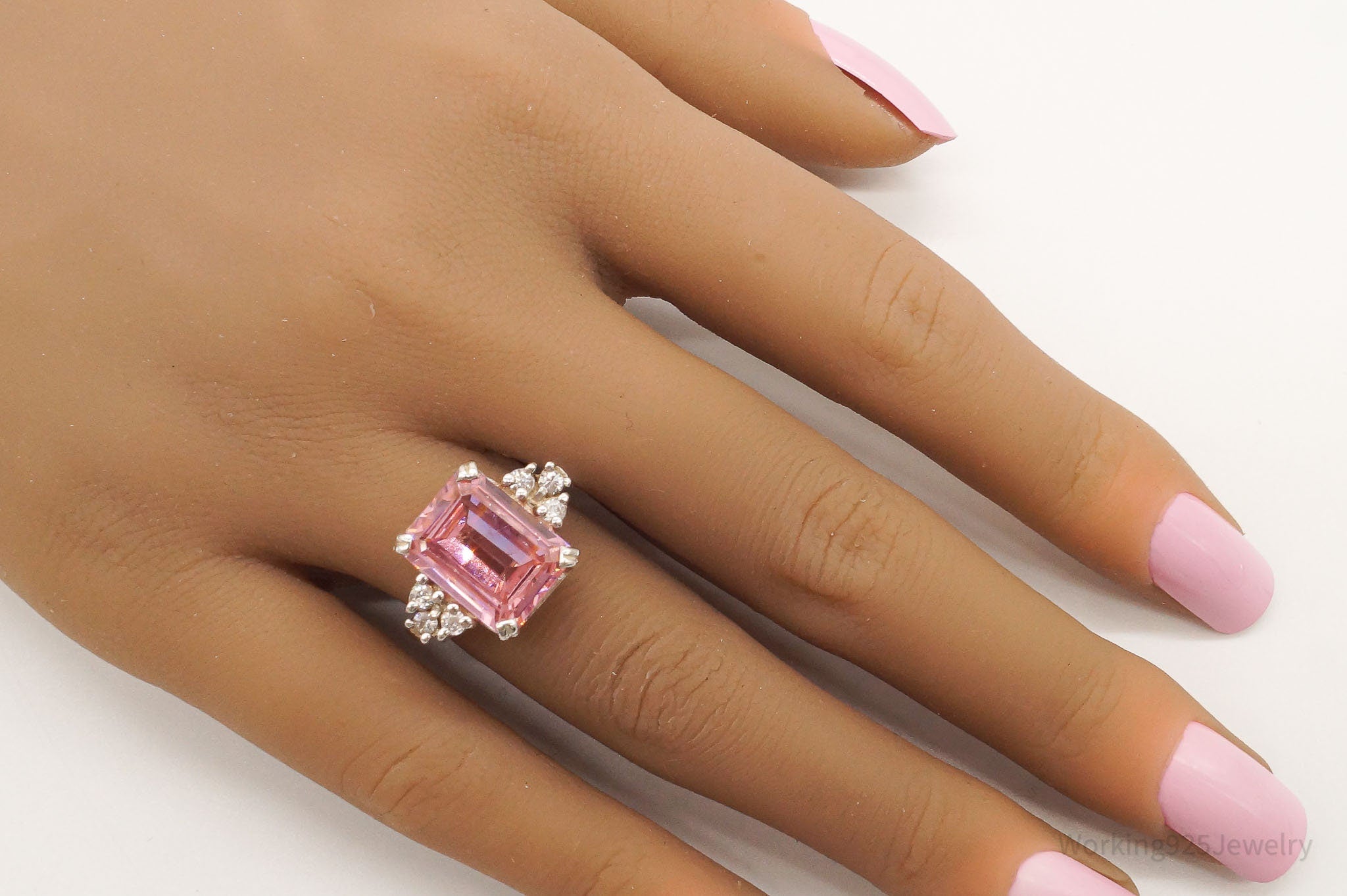 Vintage Pink & White Cubic Zirconia Sterling Silver Ring Size 7.75