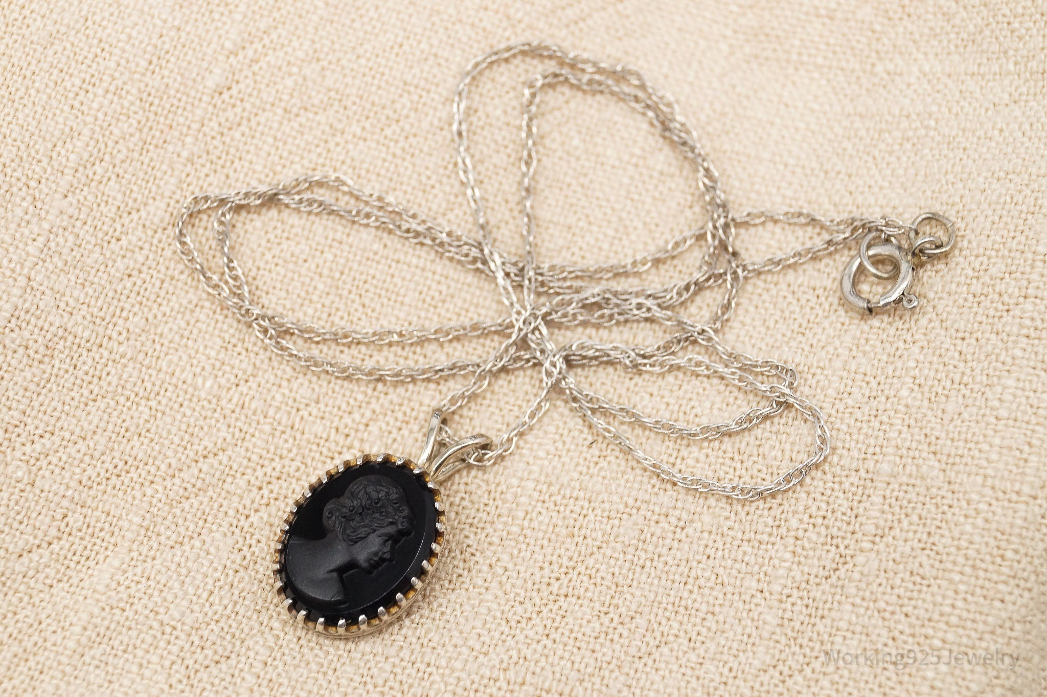 Vintage Carved Woman Black Cameo Sterling Silver Necklace 17"