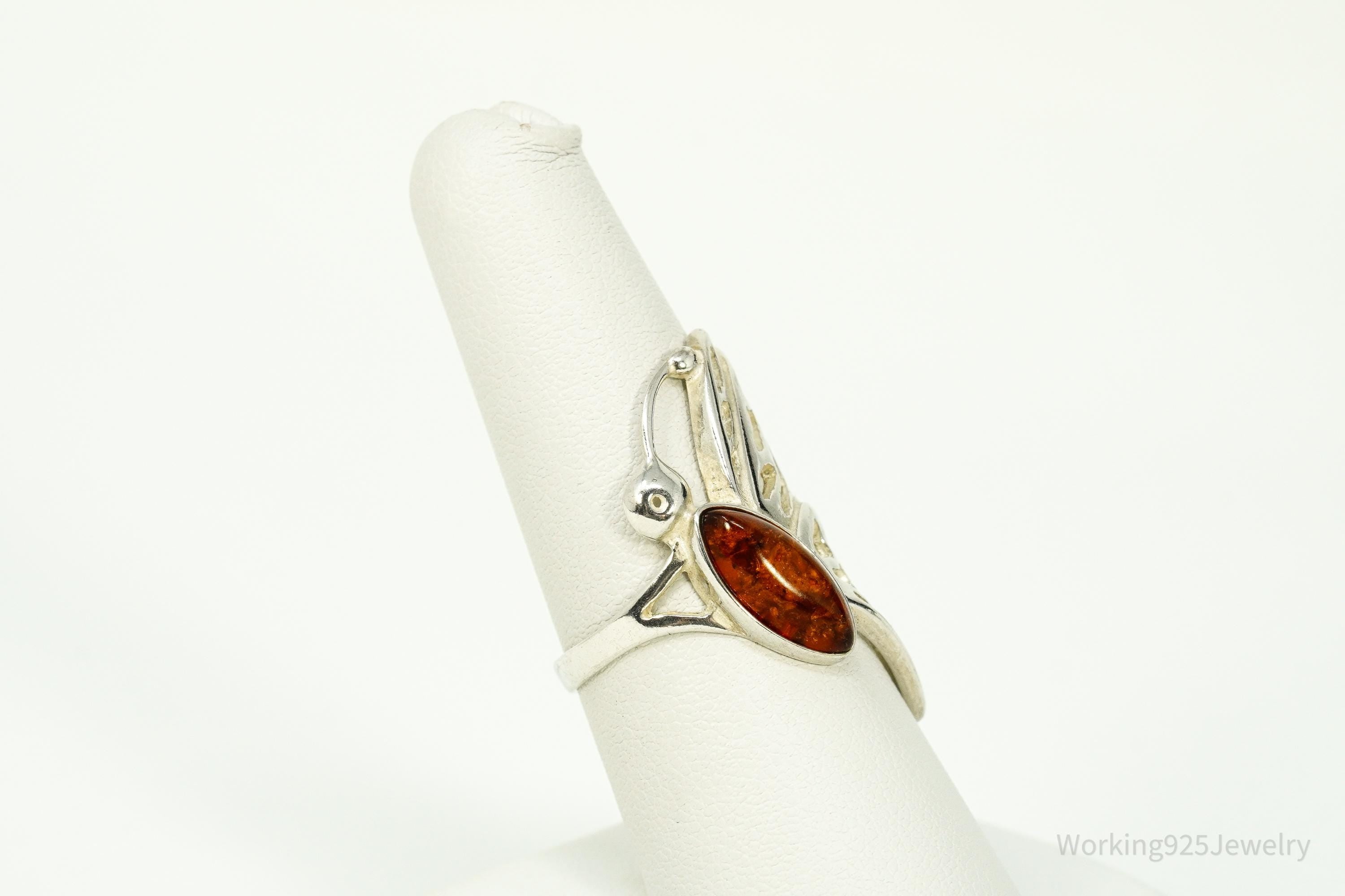 Vintage Amber Butterfly Sterling Silver Ring - Size 7.5